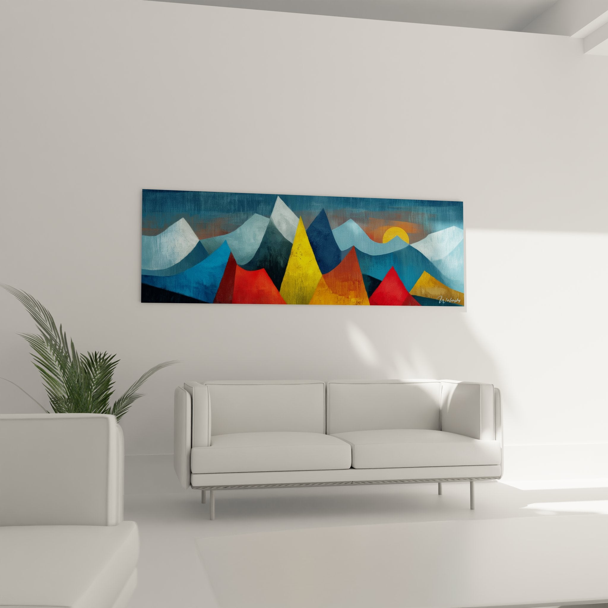 Detail abstract mountain painting with colorful triangles red yellow orange painting technique
