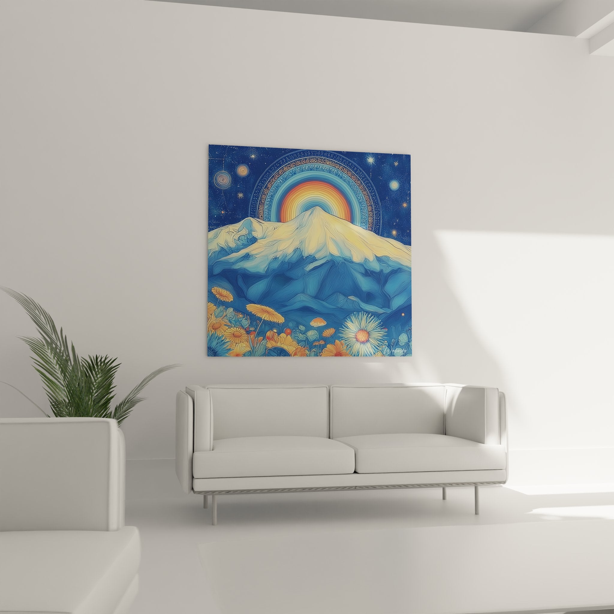Détail tableau montagne cosmique, motifs géométriques arc-en-ciel et fleurs stylisées