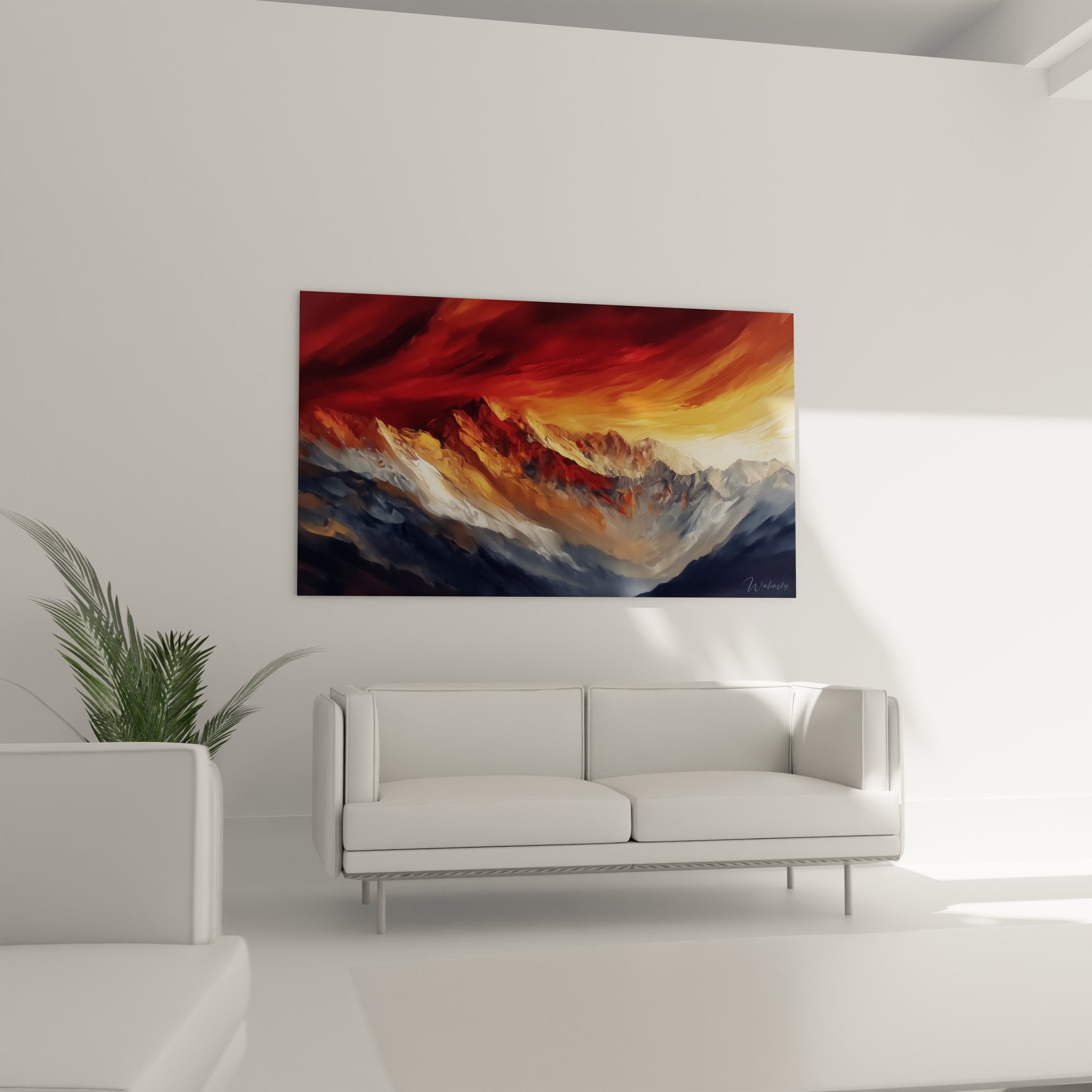 Détail gros plan tableau montagne montrant technique picturale et couleurs nuancées du coucher soleil