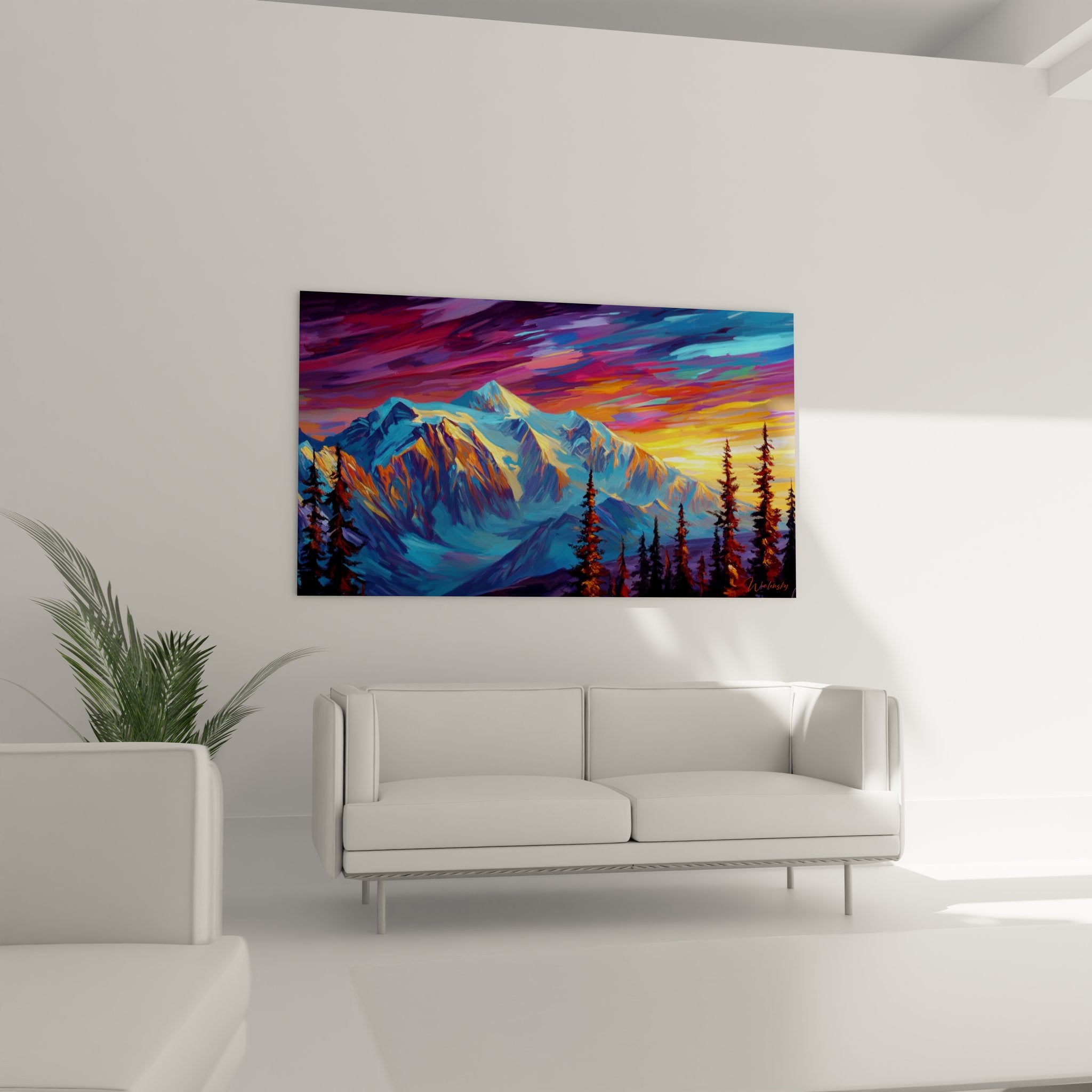 Détail gros plan tableau montagne enneigée, texture peinture pics alpins et reflets dorés coucher de soleil