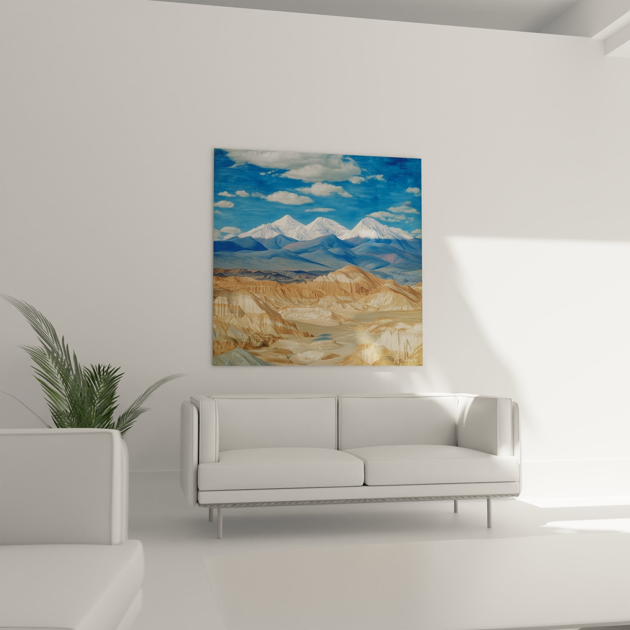 Détail tableau montagne désertique, formations rocheuses ocres et sommets blancs, art mural qualité