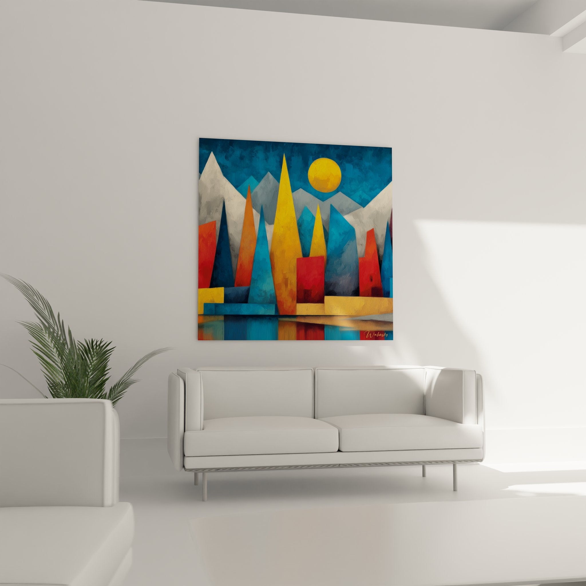 Détail tableau montagne géométrique, textures peintes et formes triangulaires colorées art moderne paysage