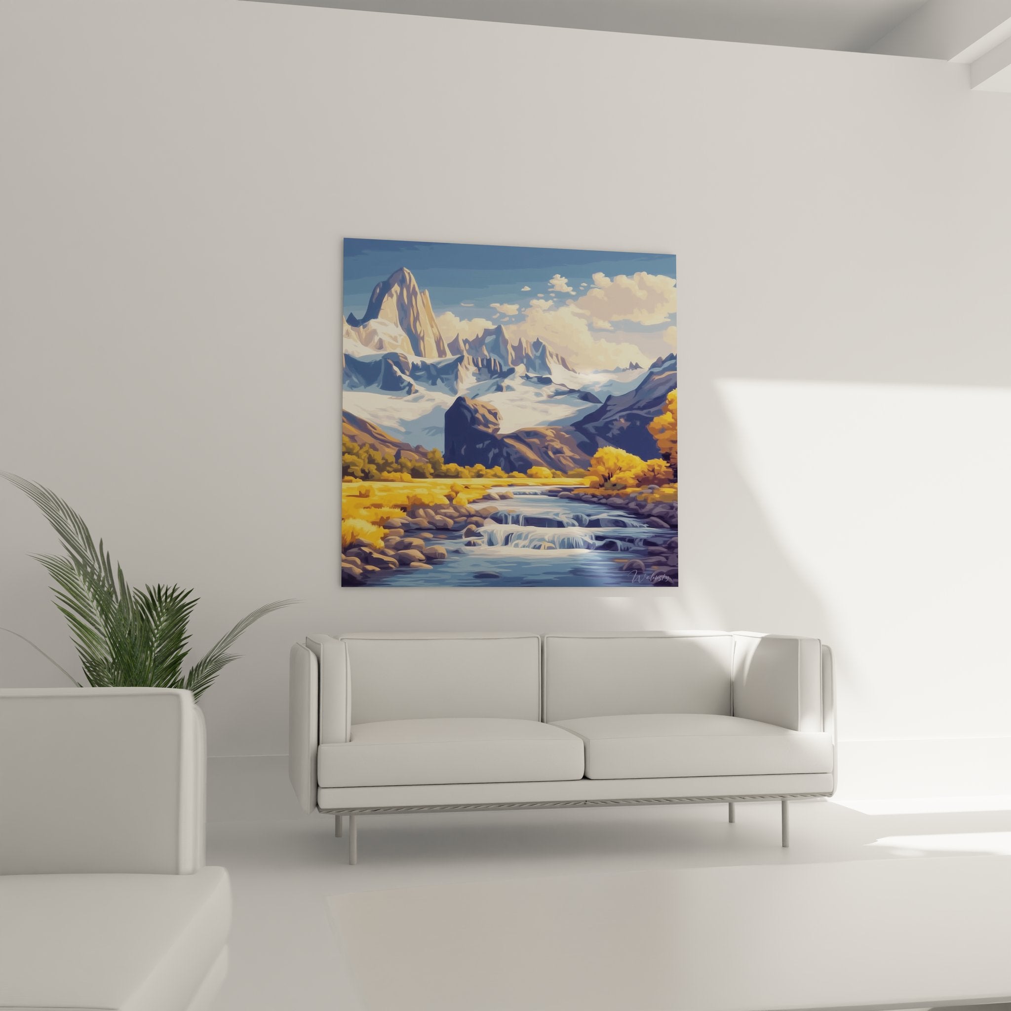 Détail tableau montagne glacier - gros plan rivière dorée et végétation automnale alpine