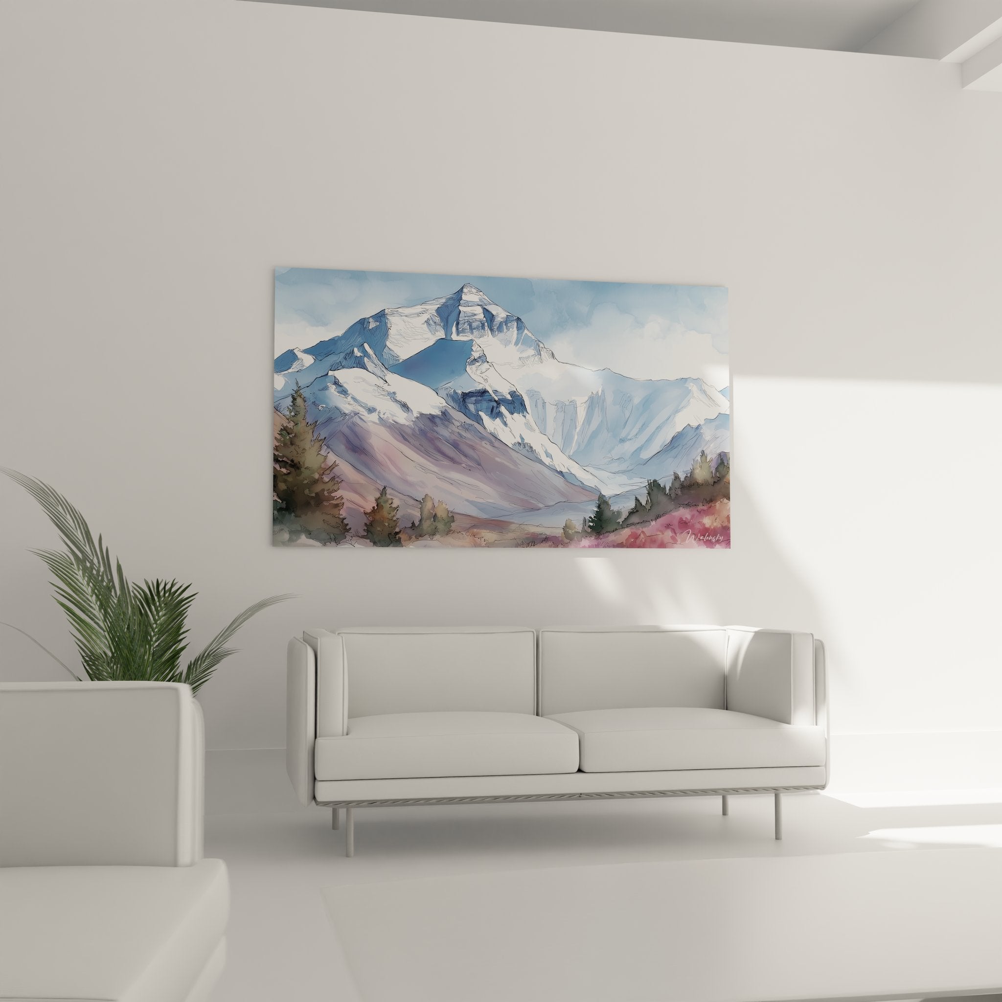 Détail tableau montagne aquarelle texture glaciers et parois rocheuses enneigées