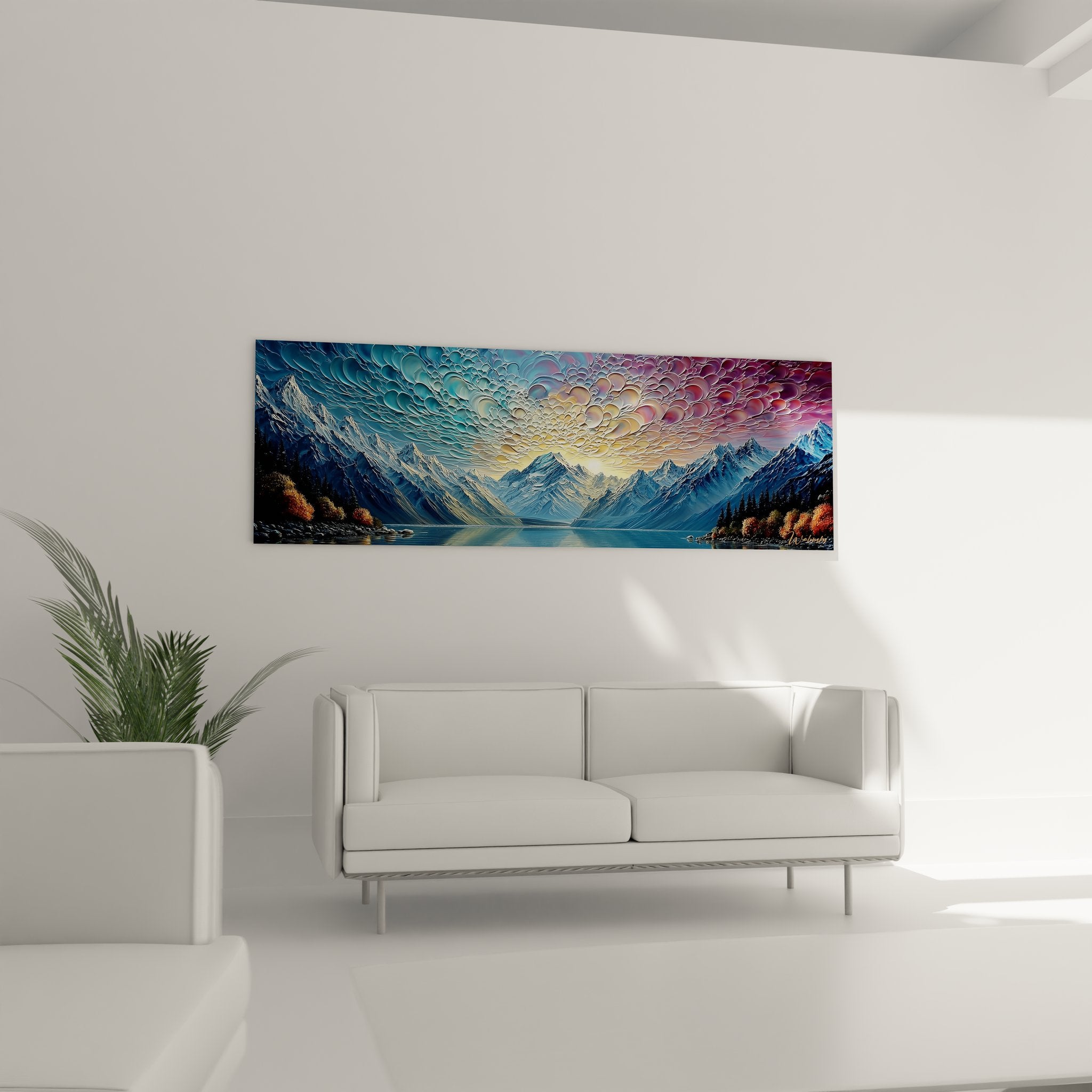 Détail gros plan tableau montagne montrant texture relief des nuages et effets de lumière dorée