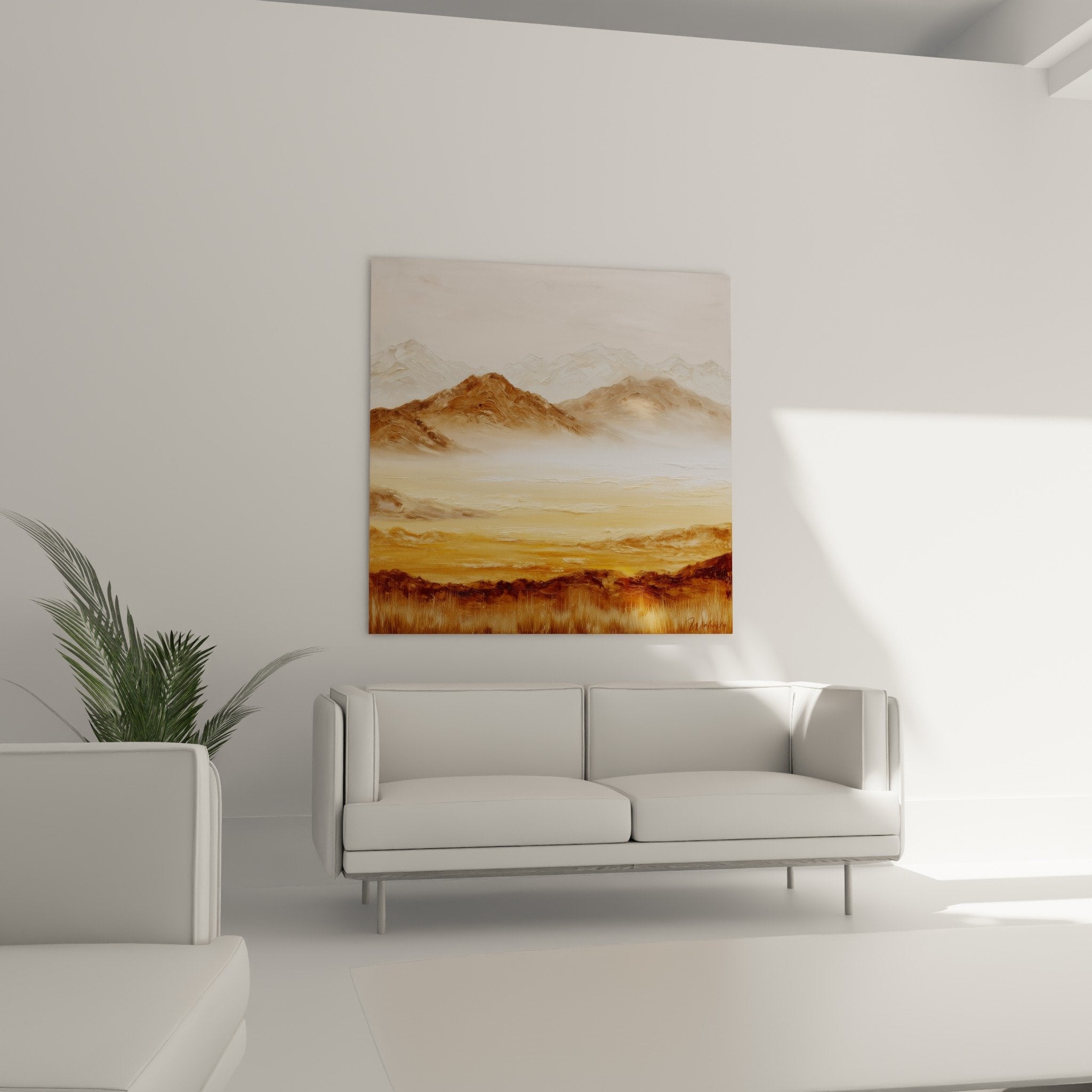 Detail tableau paysage montagne technique picturale tons ocre beige brume feng shui centre terre