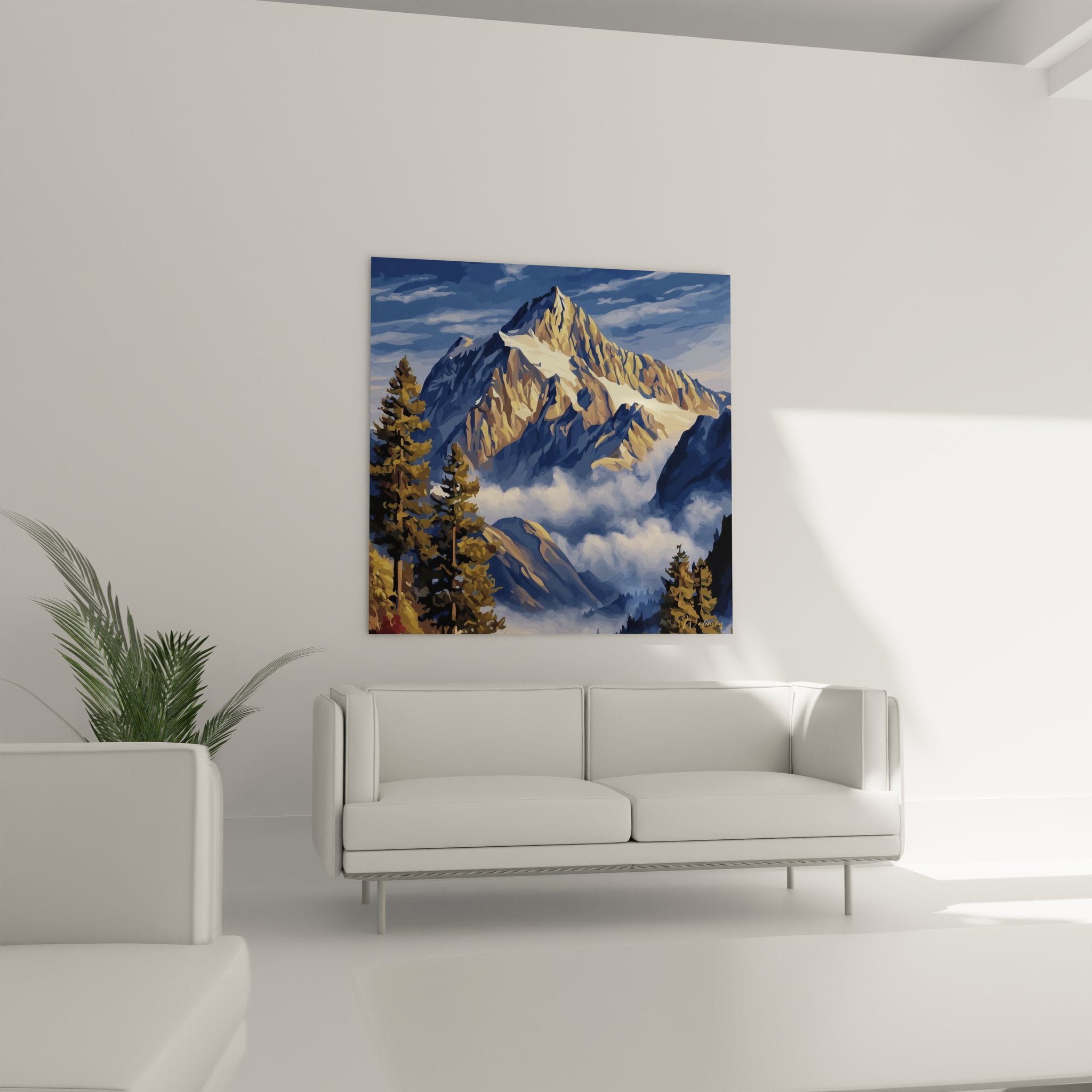 Détail tableau montagne enneigée - peinture alpine avec roches dorées et glaciers - art mural paysage