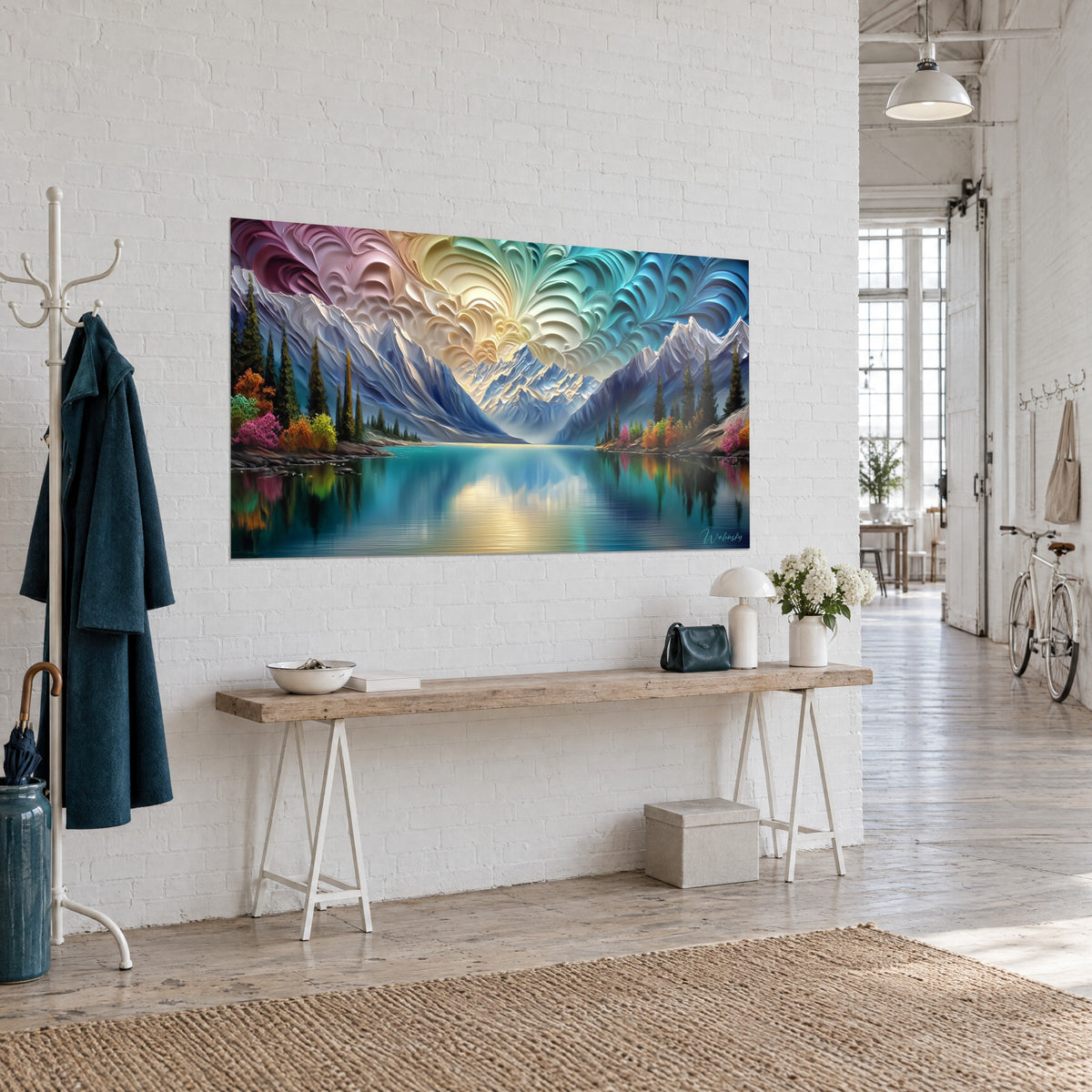 Tableau vallée glaciaire en relief crémeux, sommets enneigés bleu acier, rivage fleuri de rose et d'orange, vue de trois-quarts sur console