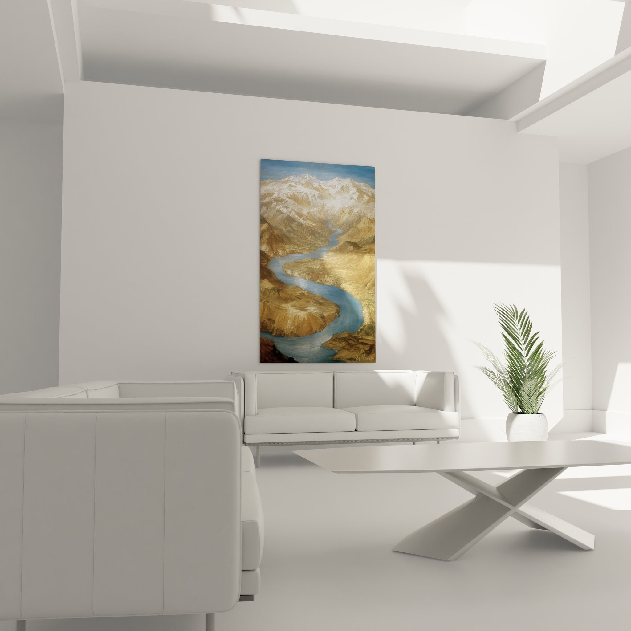 Détail rapproché tableau montagne vallée glaciaire, technique peinture rivière et reliefs rocheux