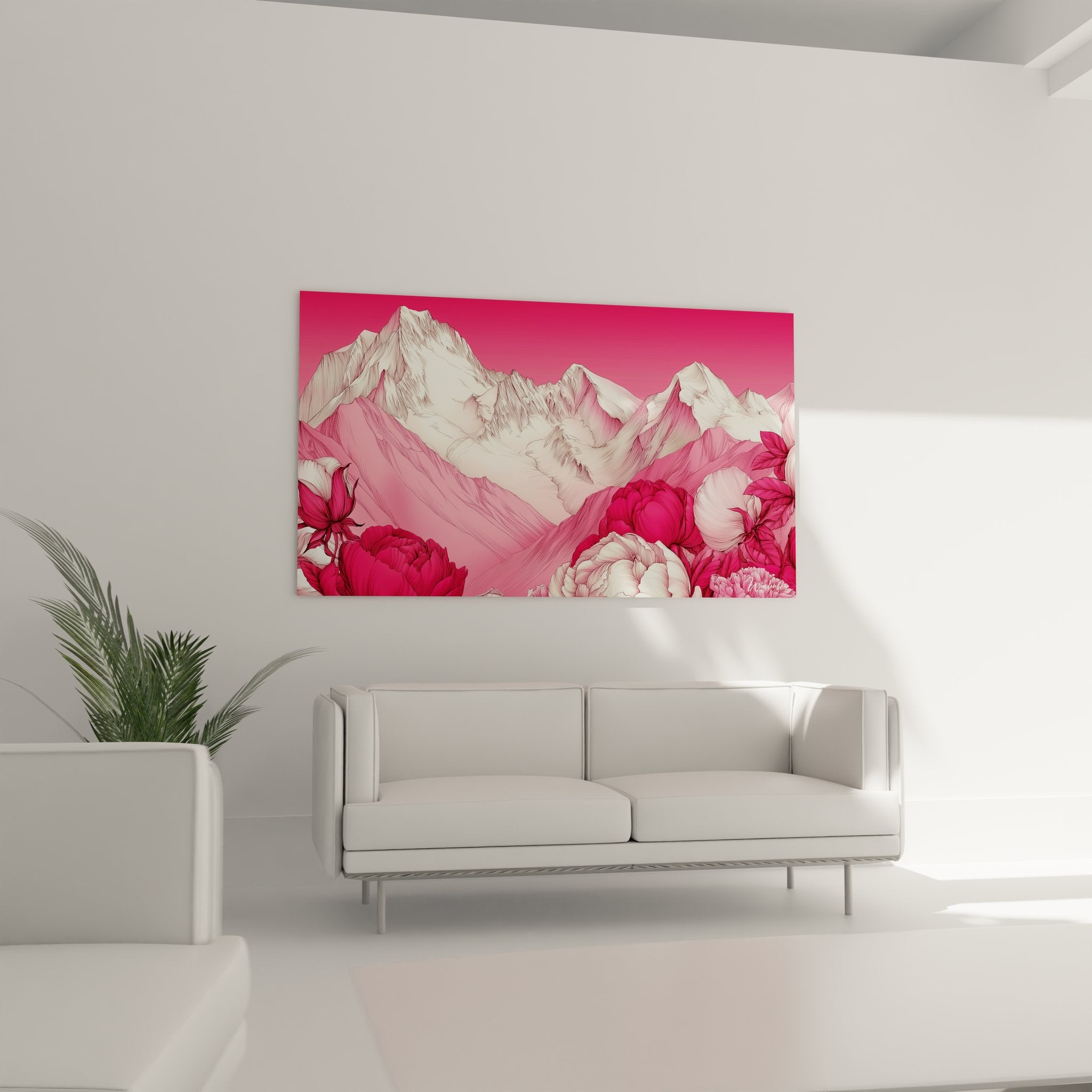 Détail tableau montagne rose, fleurs tropicales et sommets stylisés art mural