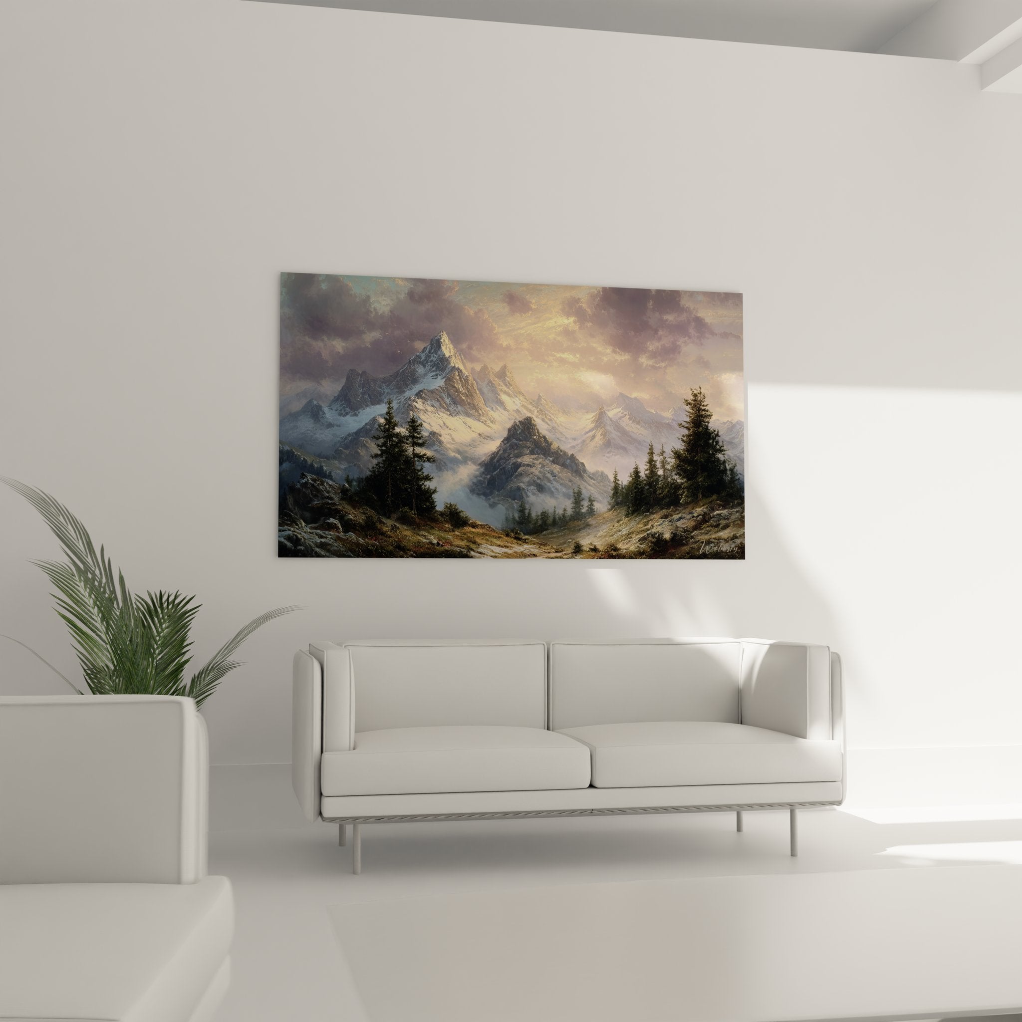 Détail rapproché tableau montagne montrant technique picturale sommets enneigés et ciel dramatique