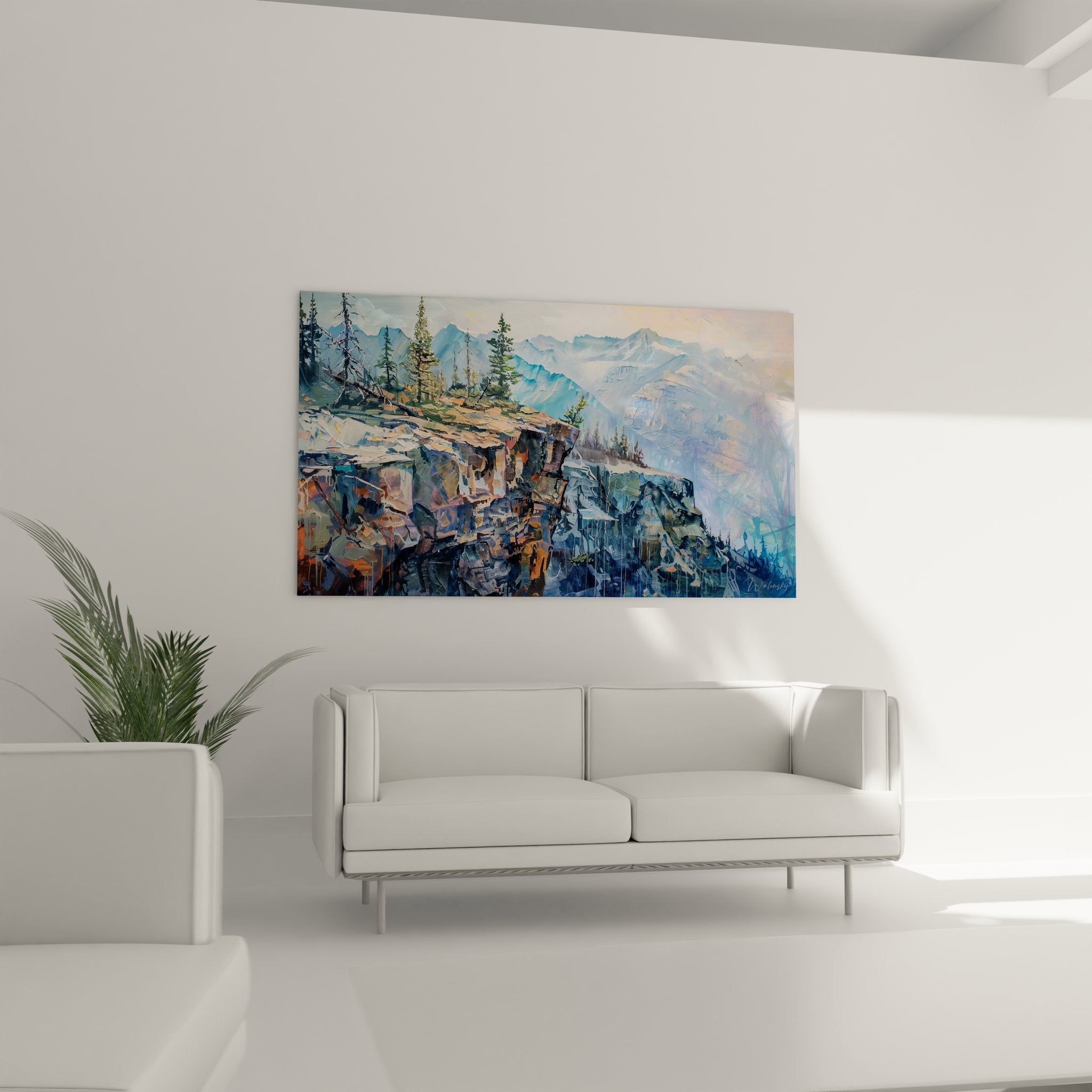 Détail tableau montagne montrant texture falaise rocheuse et conifères alpins