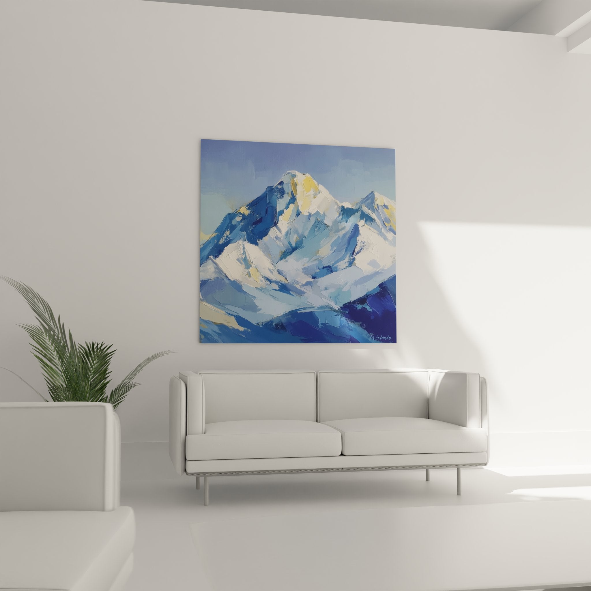 Détail tableau montagne enneigée, texture peinture sommet alpin, techniques picturales modernes