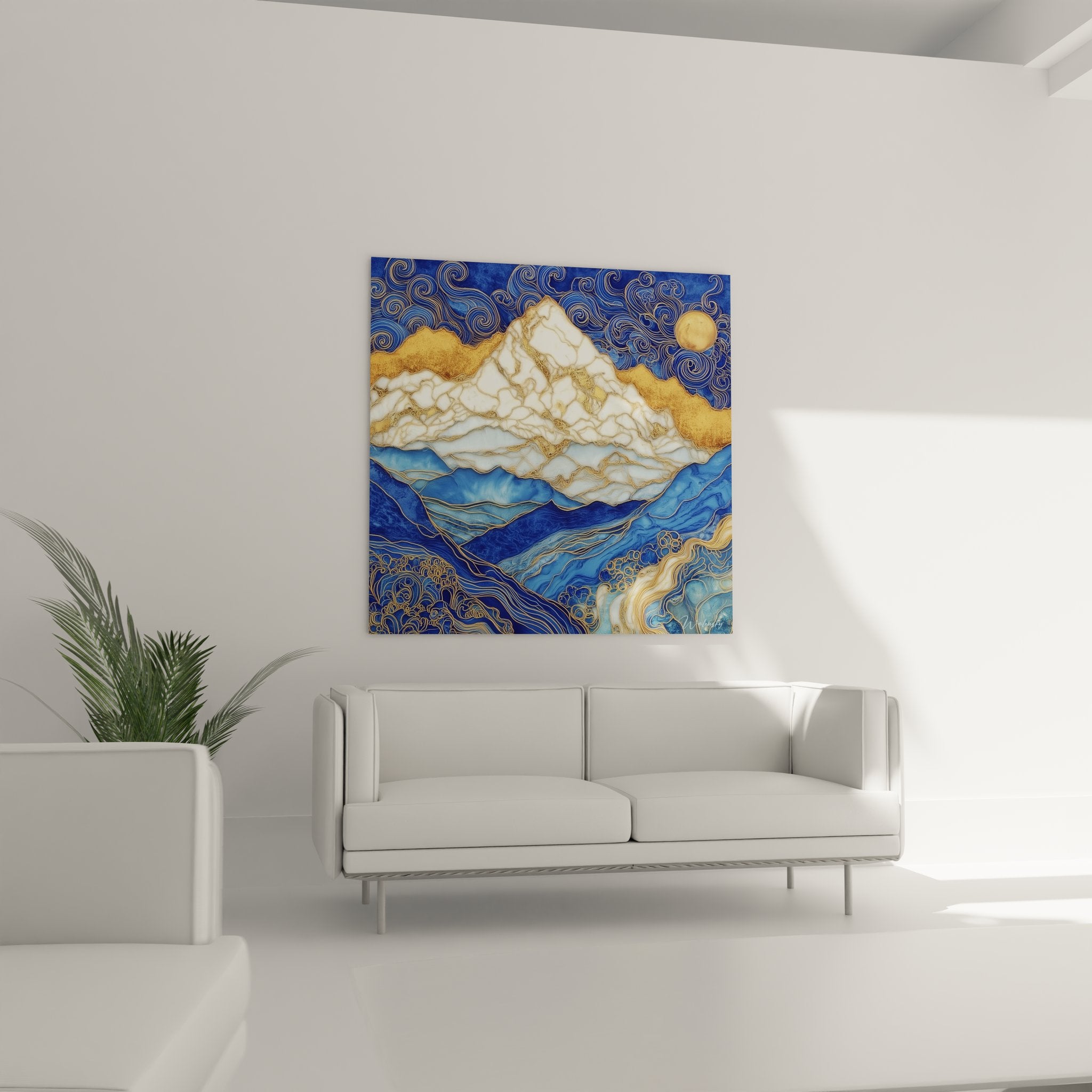 Détail gros plan tableau montagne textures dorées reliefs sommets enneigés technique mixte raffinée