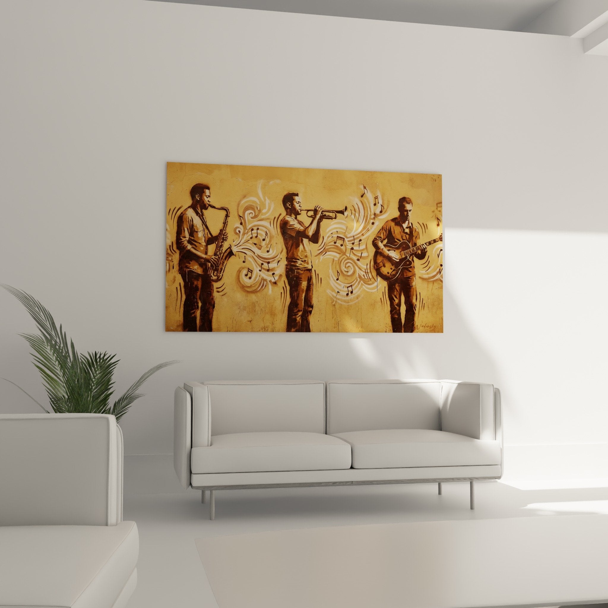 Detail tableau street art pochoir musiciens jazz texture patinee notes musique volutes blanches