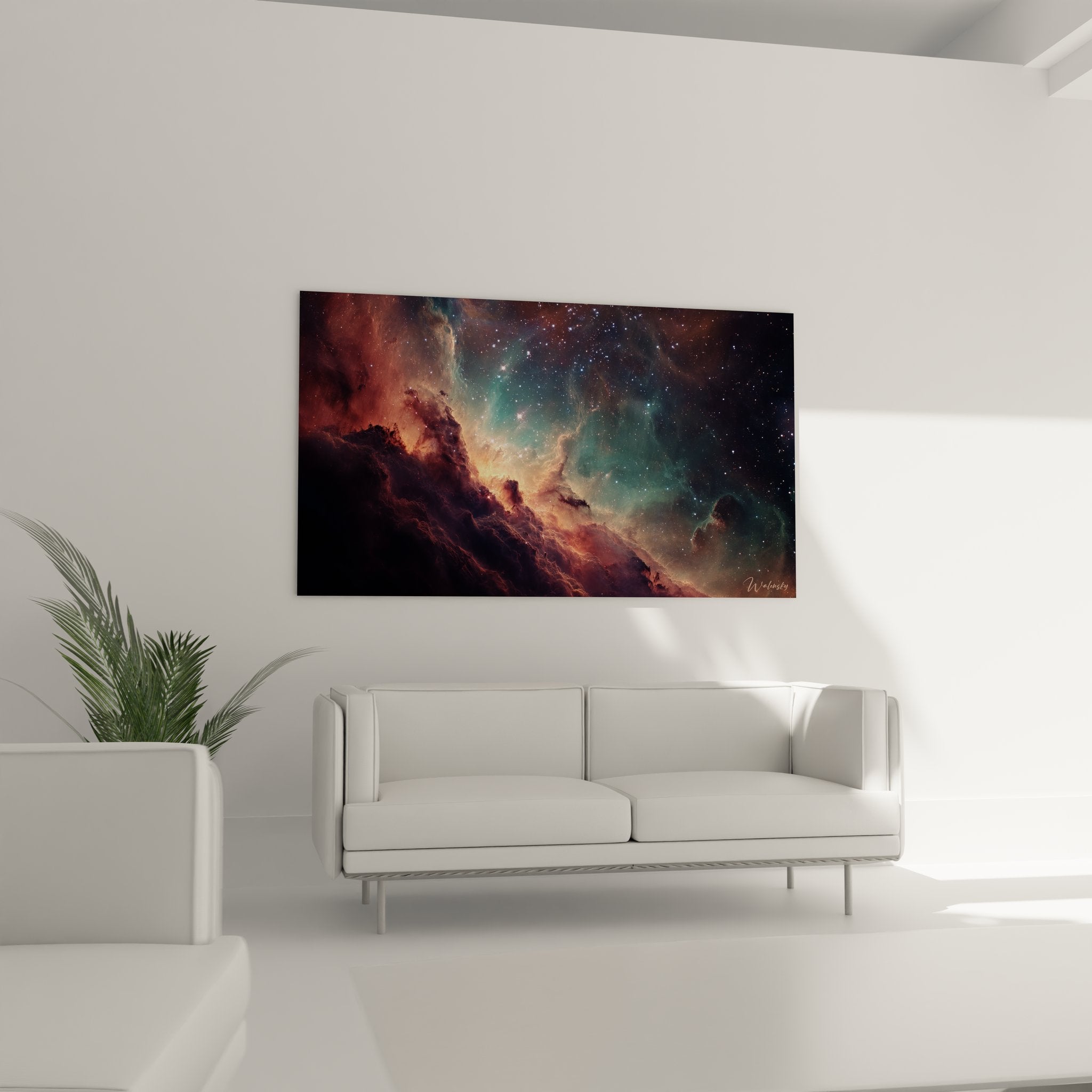 Détail tableau espace nébuleuse montrant textures gaz stellaires et étoiles scintillantes