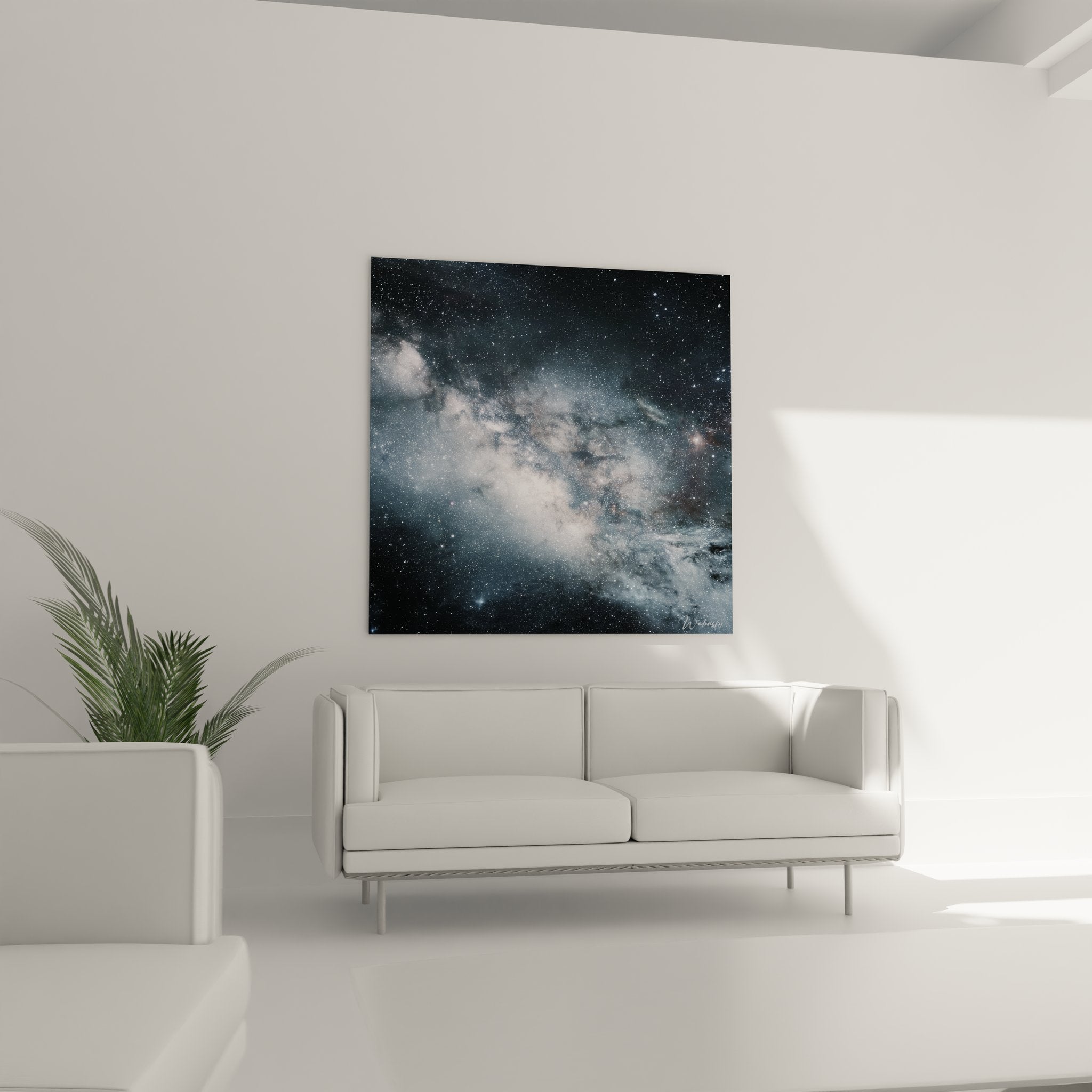 Détail tableau nébuleuse galactique, nuances bleu rosé et étoiles brillantes, art cosmique premium