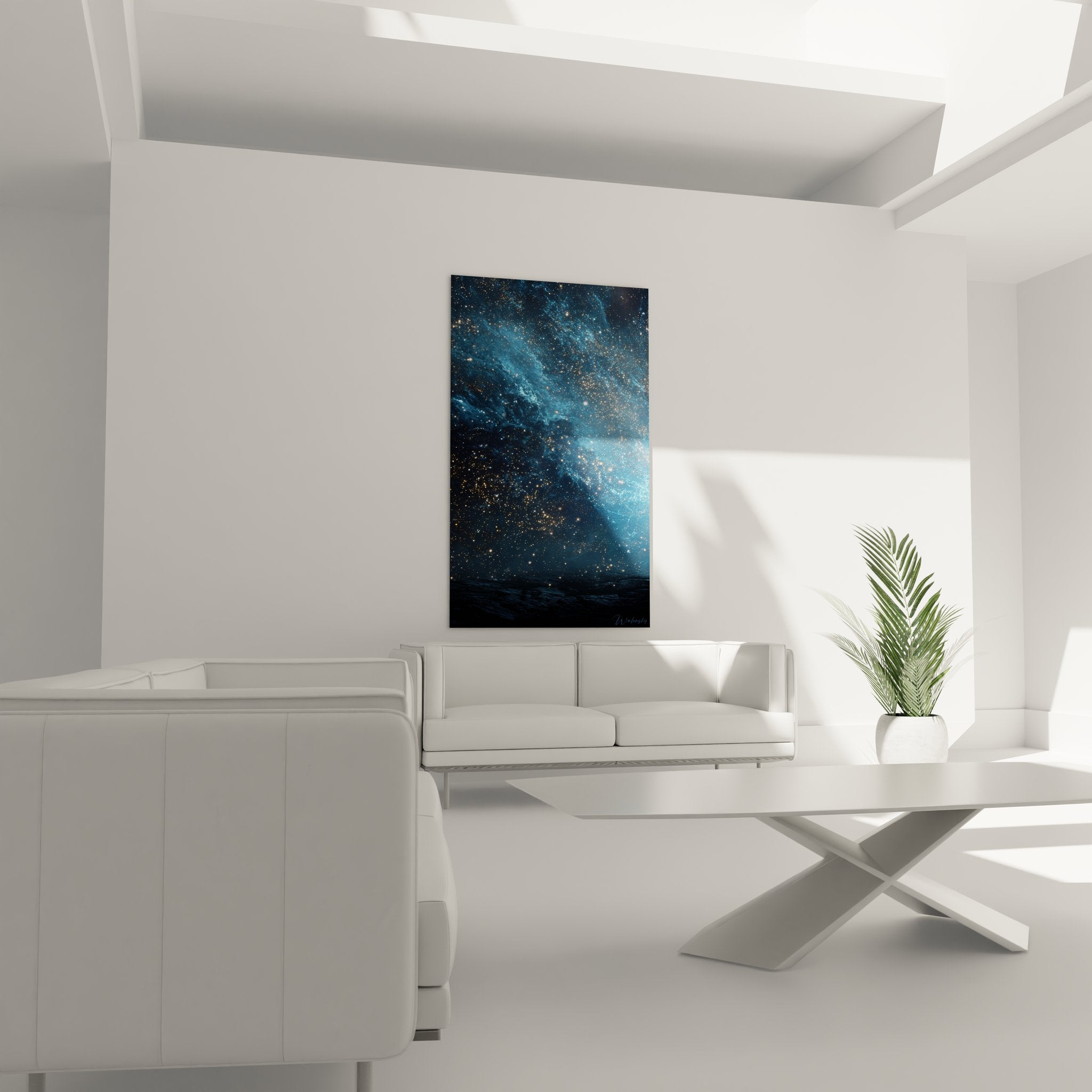 Gros plan détail tableau nébuleuse cosmique étoiles dorées scintillantes vagues spatiales bleues art mural
