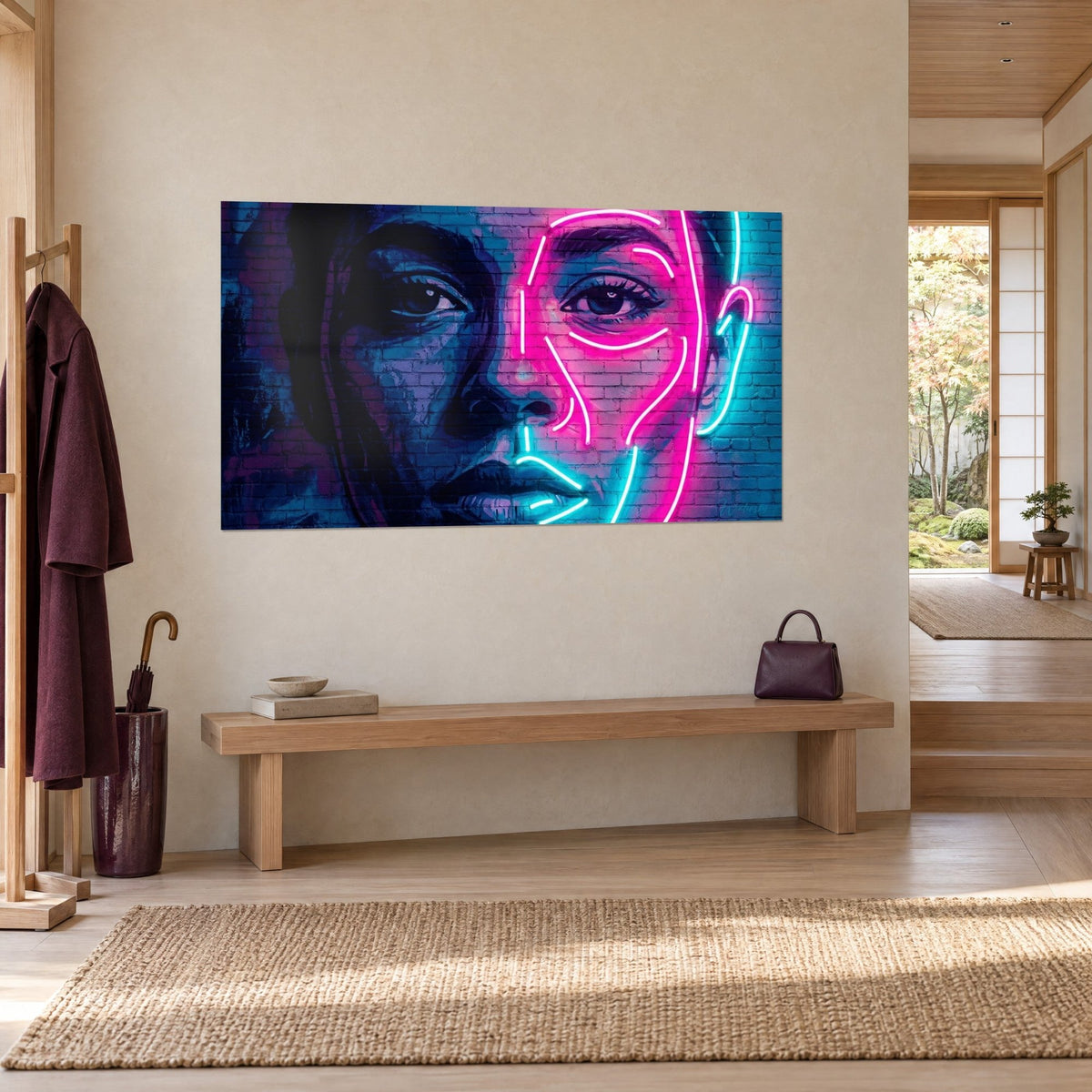 Quadro ritratto street art, metà ombra indaco, metà tratto al neon fucsia e turchese, accanto a una panca in legno chiaro