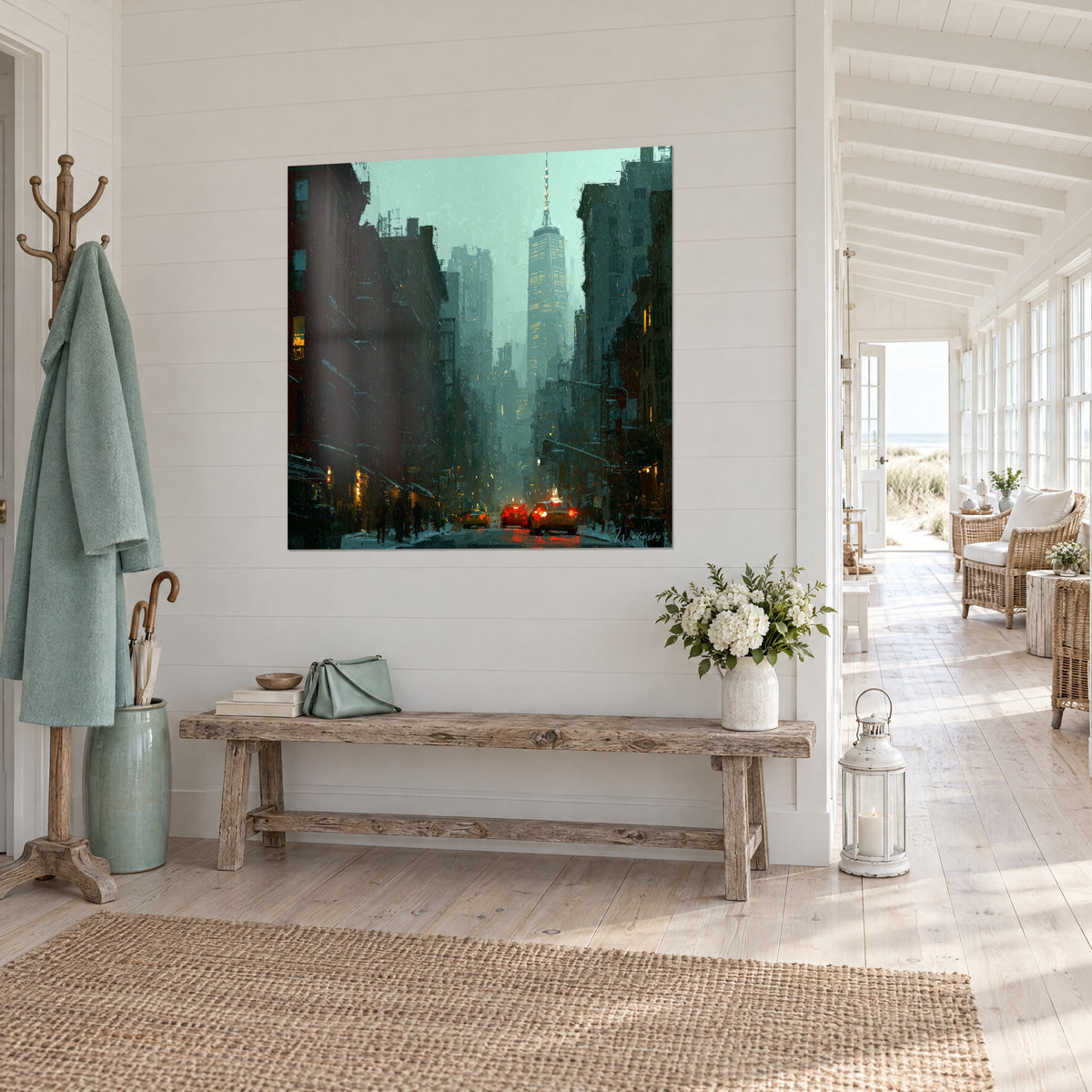 Quadro di un viale di Manhattan inzuppato di pioggia, torre dalle finestre ambrate sotto un cielo verde-grigio, vista di tre quarti, in un ingresso affacciato sul mare