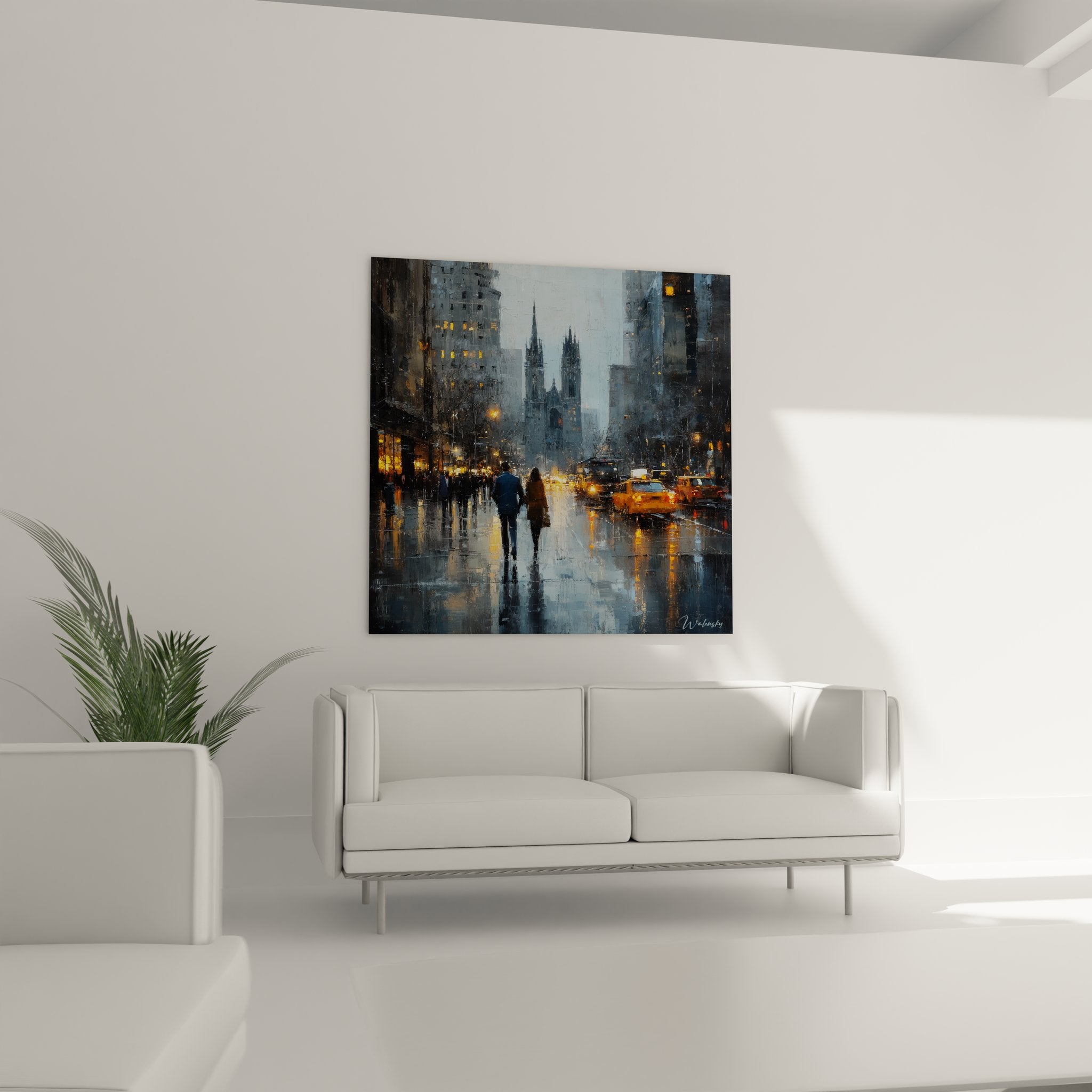 Détail tableau New York montrant reflets dorés sur asphalte mouillé et silhouettes sous la pluie