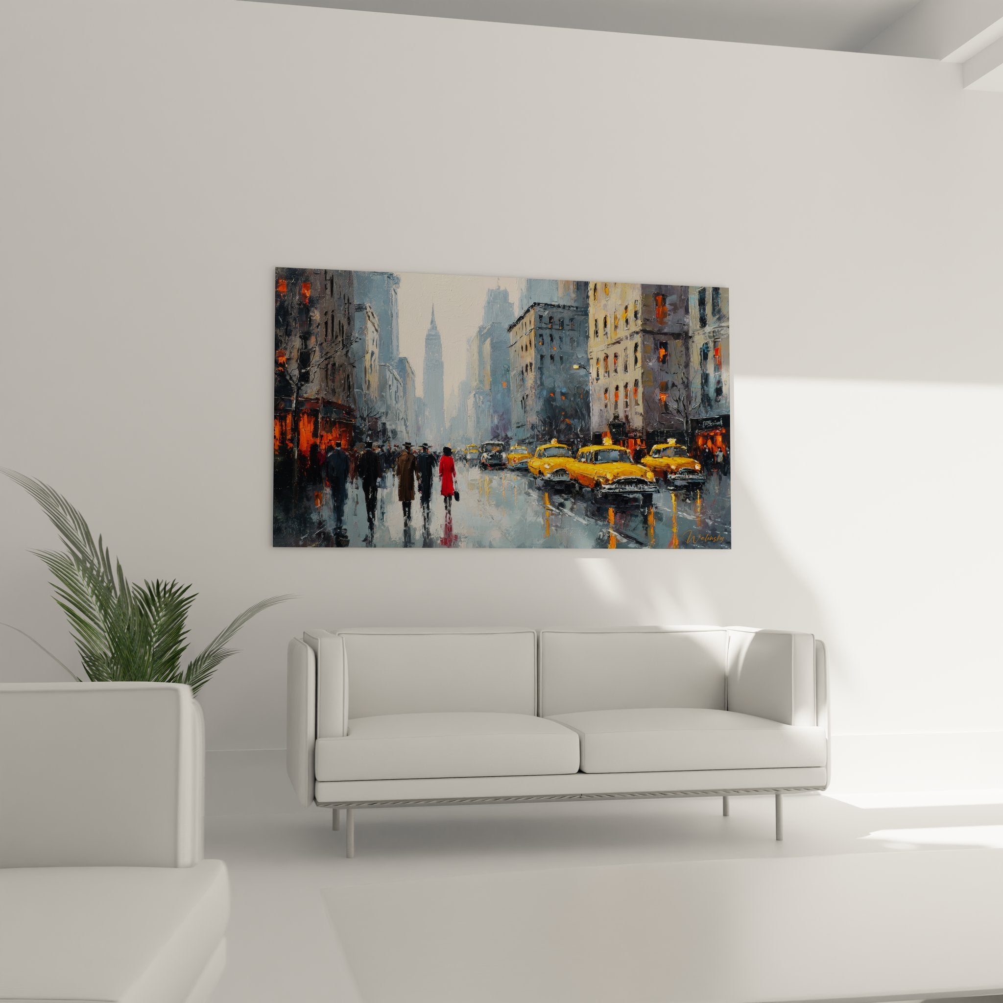 Détail tableau New York pluie montrant reflets taxis jaunes sur asphalte mouillé Manhattan