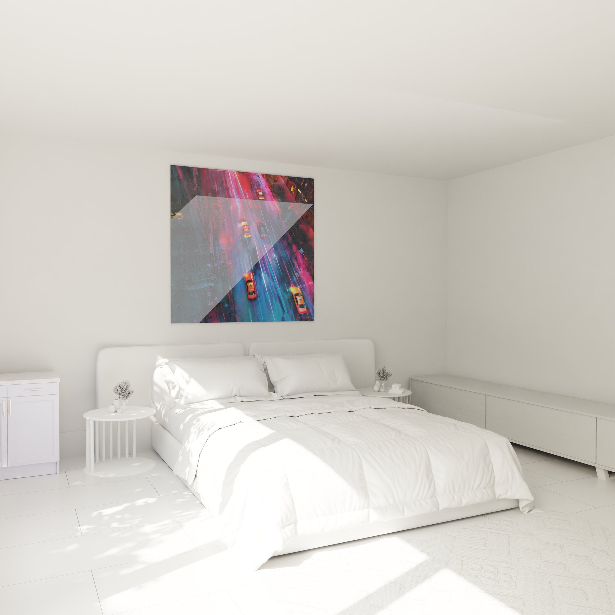 Détail tableau urbain New York taxis jaunes et reflets néon sur rue mouillée vue d'en haut