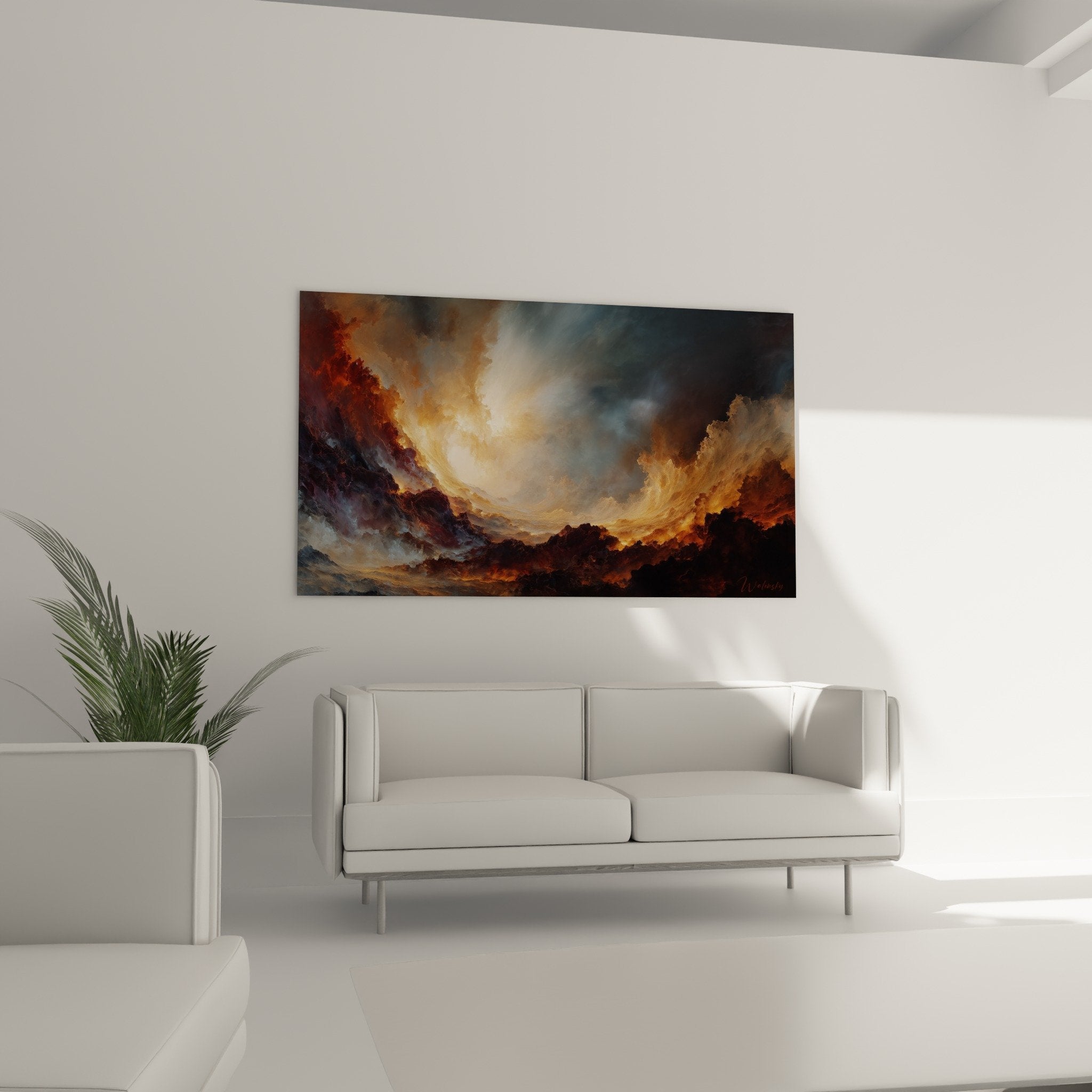 Detail tableau nuages dorés texture picturale lumière incandescente art cosmique feng shui