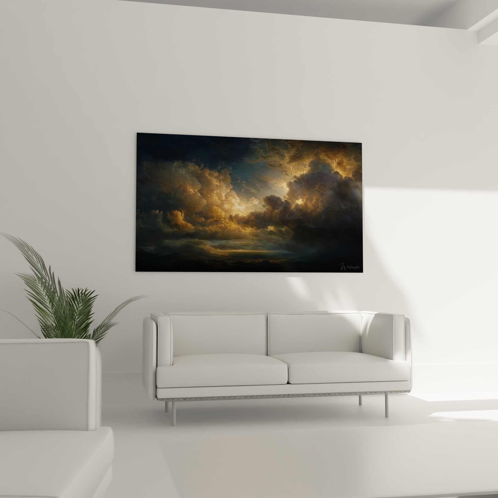 Détail tableau nuages orageux dorés - texture et couleurs dramatiques art mural