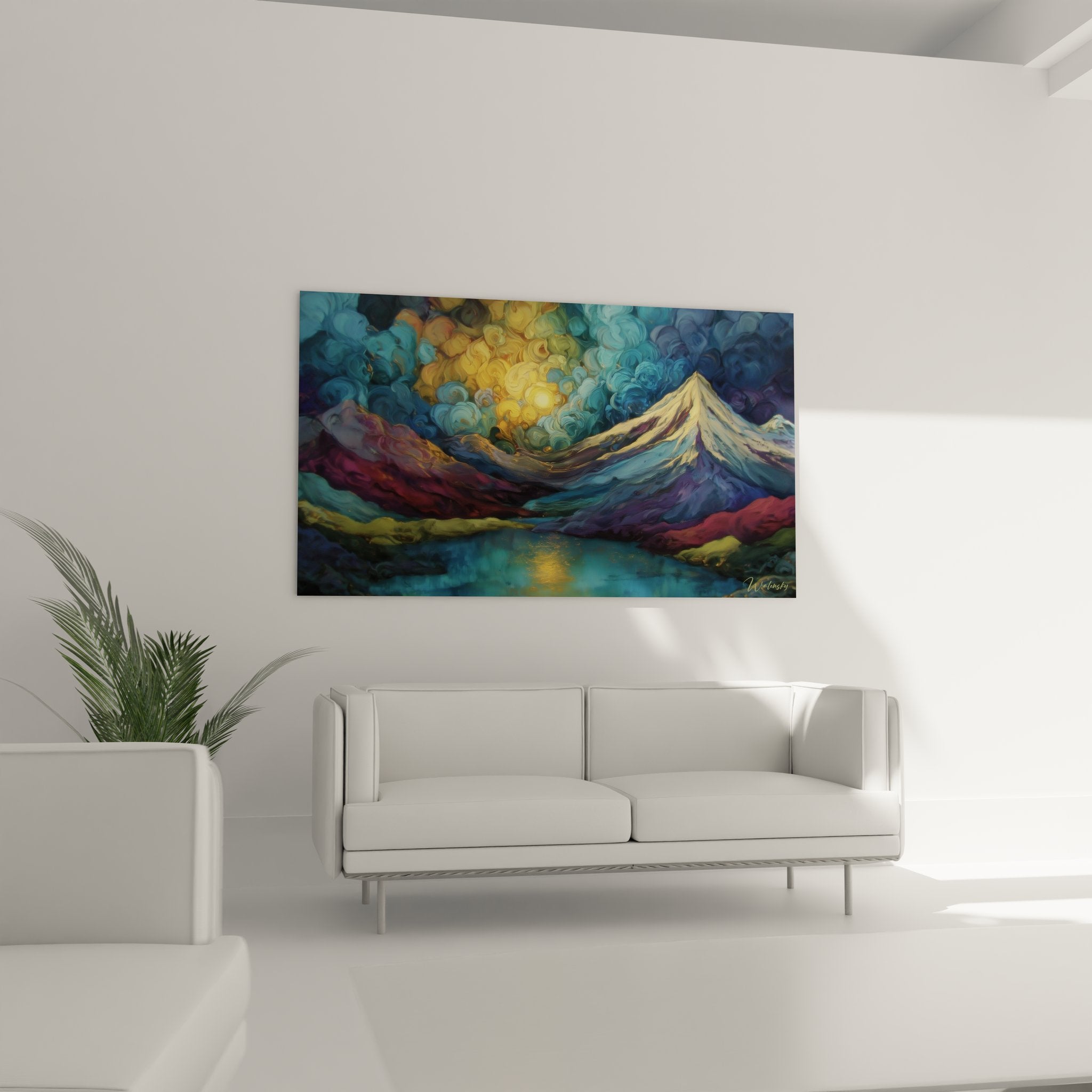 Détail rapproché tableau montagne montrant textures nuages colorés et sommets enneigés lumineux