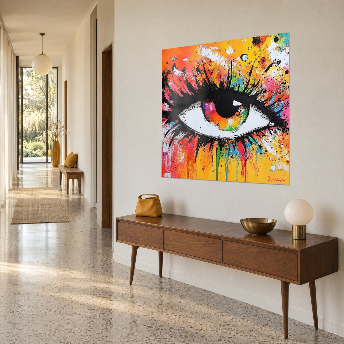 Cuadro mirada pintada con espátula, pupila negra, fondo amarillo que se derrama en rosa y azul, en un pasillo luminoso de los años 50
