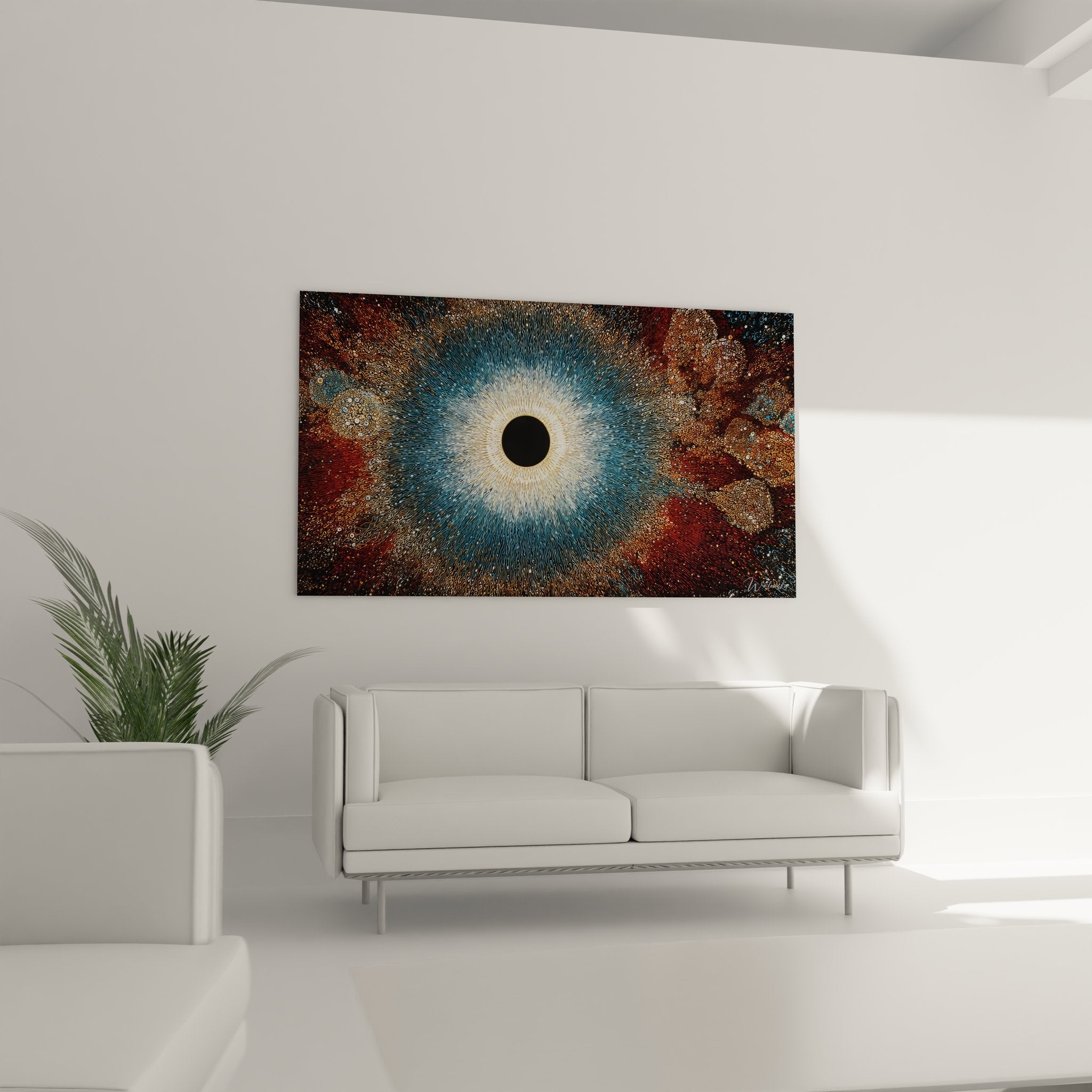 Détail gros plan tableau œil cosmique - texture granuleuse et particules dorées effet nébuleuse