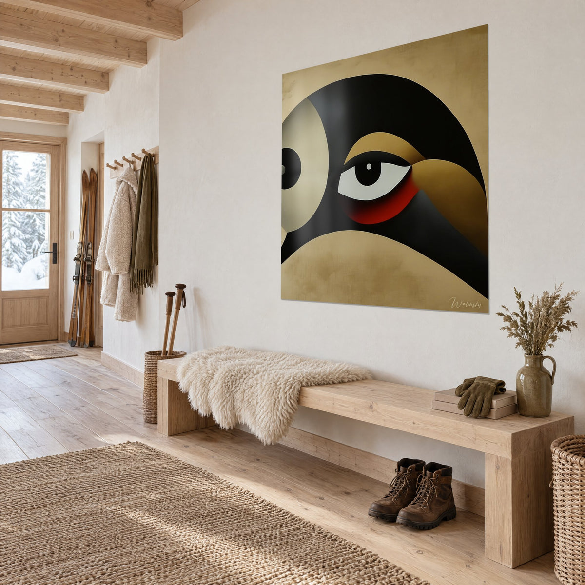 Wall art geometric bird with a black iris and ochre beak, red gradient under the eye, seen three-quarters in the hallway of a chalet
