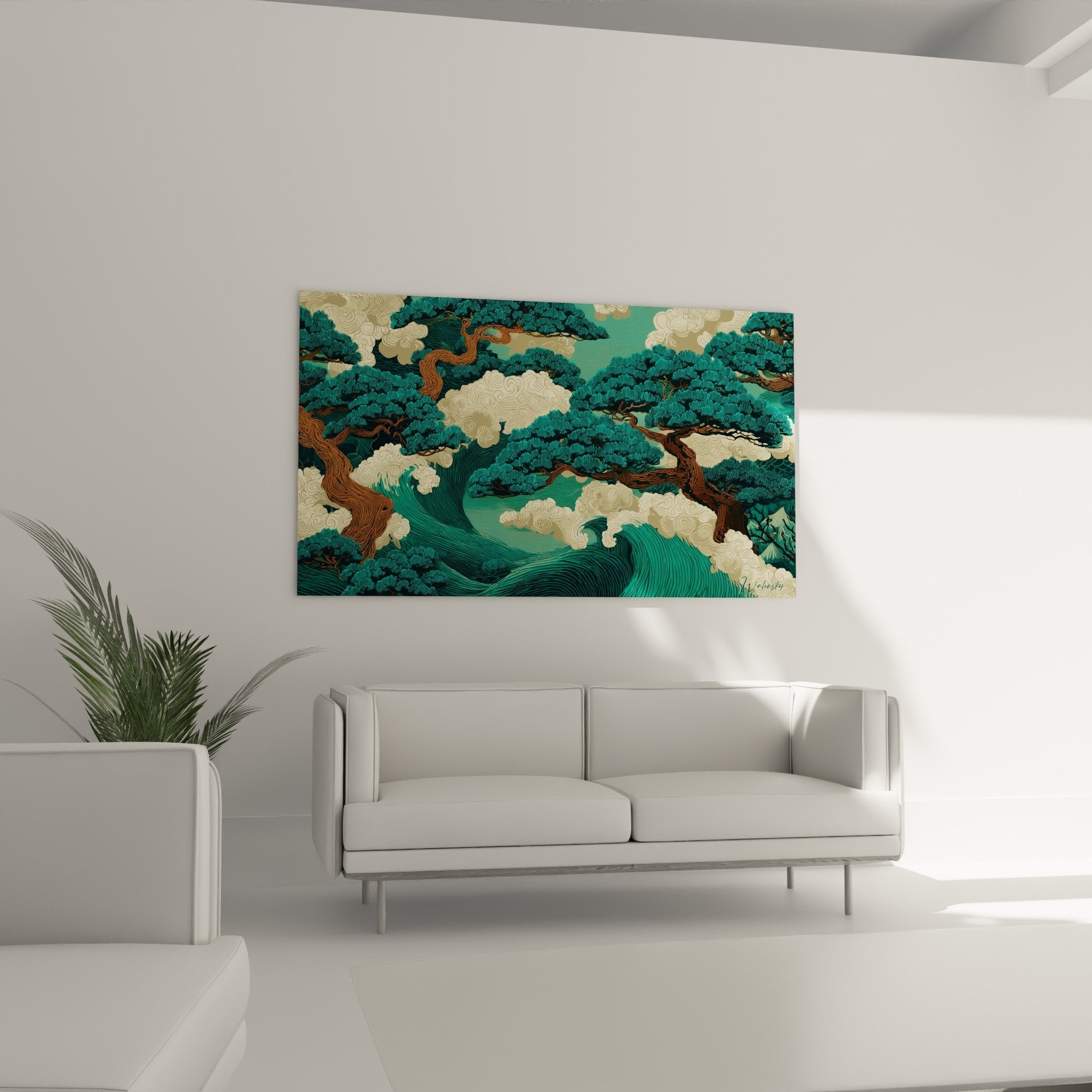 Detailbild orientales Gemälde goldene Wolken Voluten türkisfarbene Bäume geschwungene Äste japanische Kunst Feng Shui