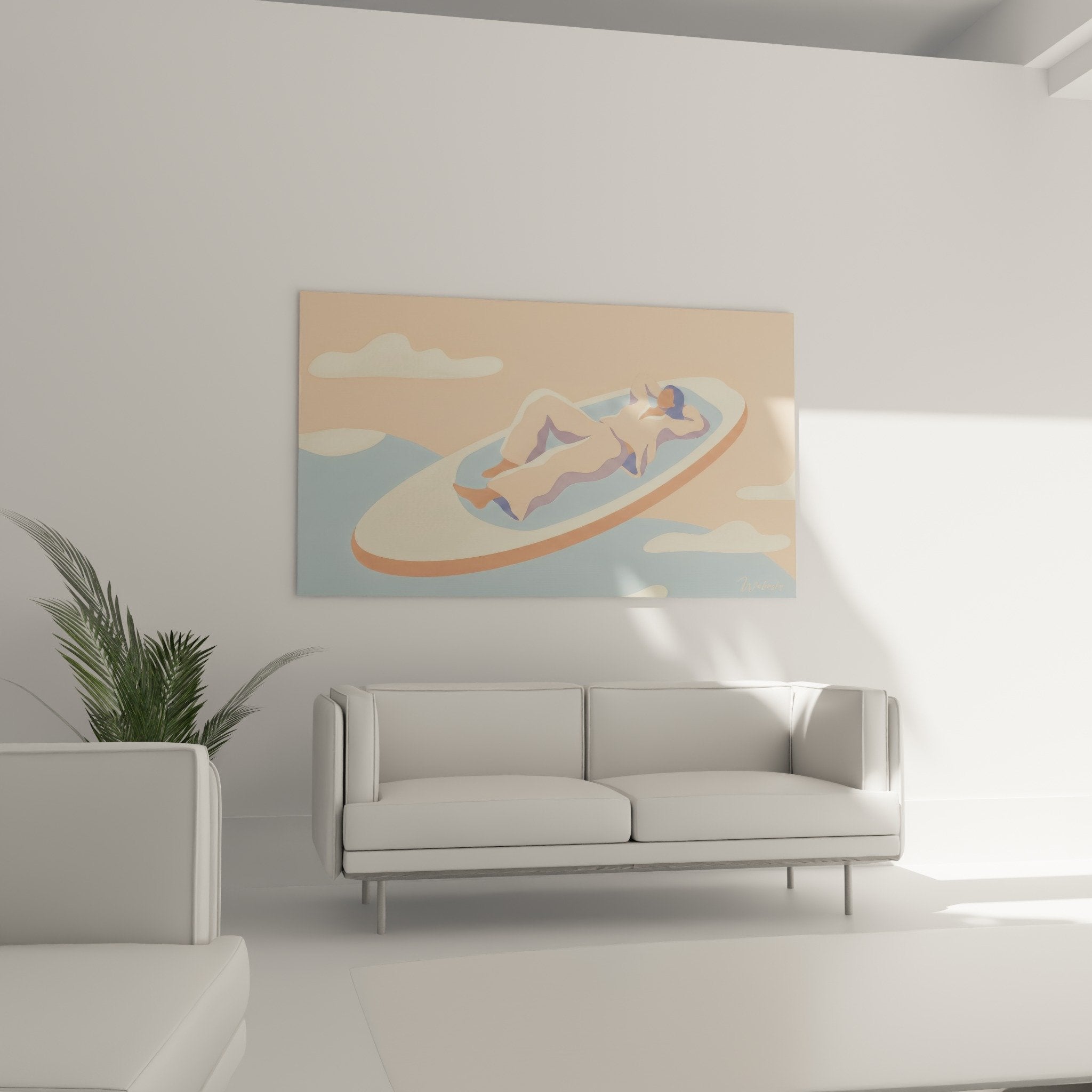 Nahaufnahme-Detail Paddle-Frau-Gemälde Entspannung Korall- und Blautöne stilisierte Wolken Wandkunst