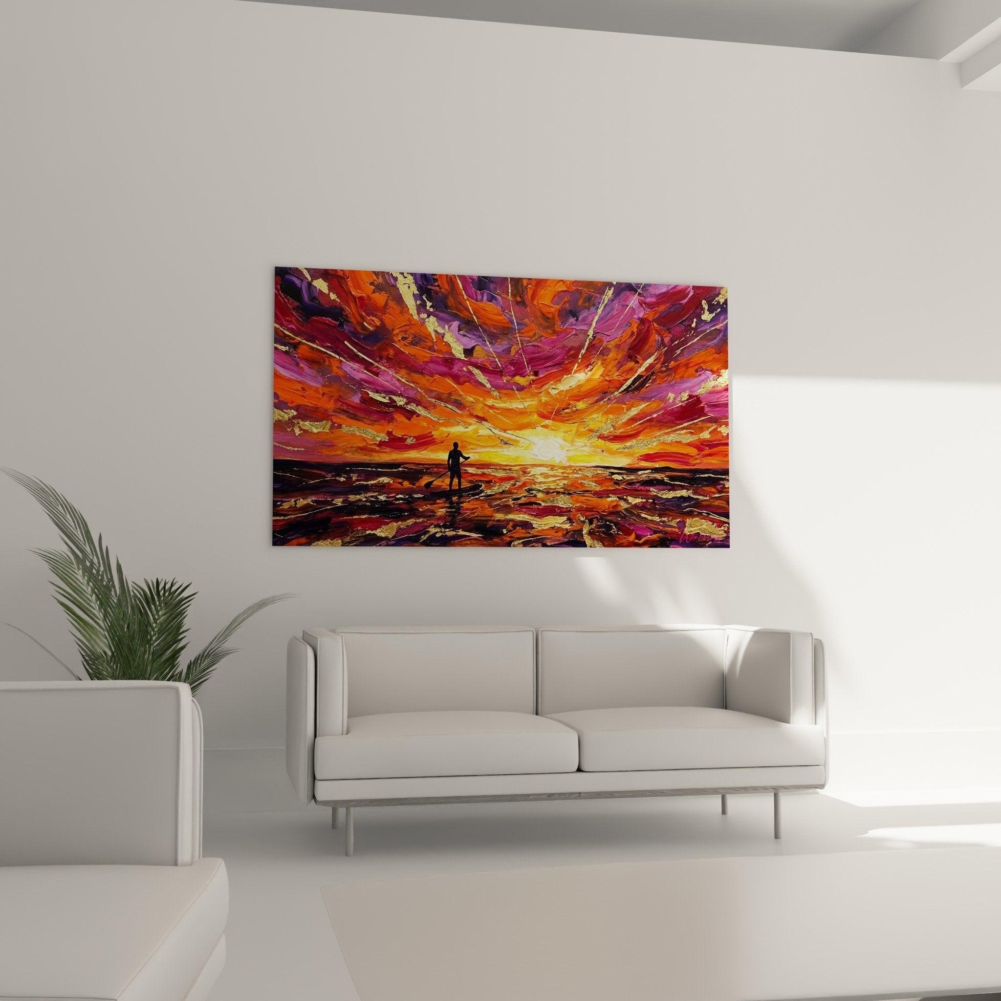 Detail tableau paddle touches dorees violettes oranges texture dynamique coucher soleil artistique moderne