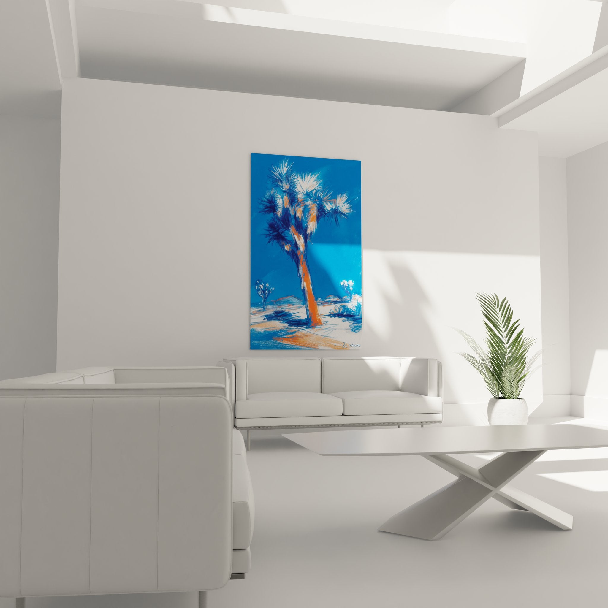 Détail tableau palmier désert, textures peinture bleue orange, art mural oasis gros plan