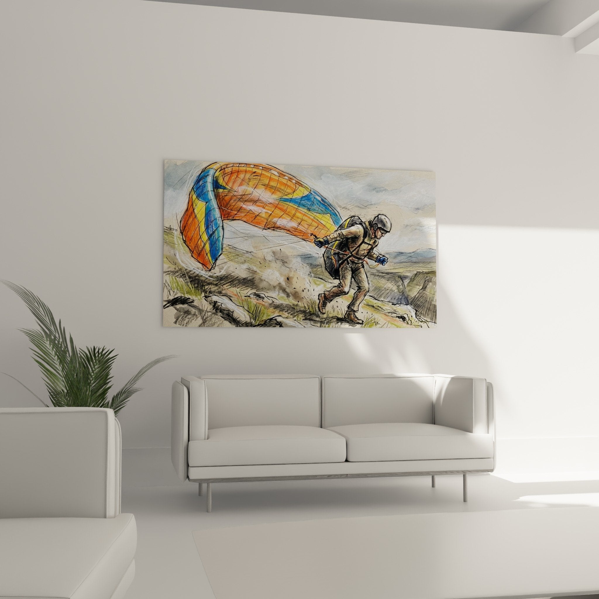 Detail Gemälde Paragliding Aquarell Farben Orange Blau Mischtechnik Kunst Extremsport