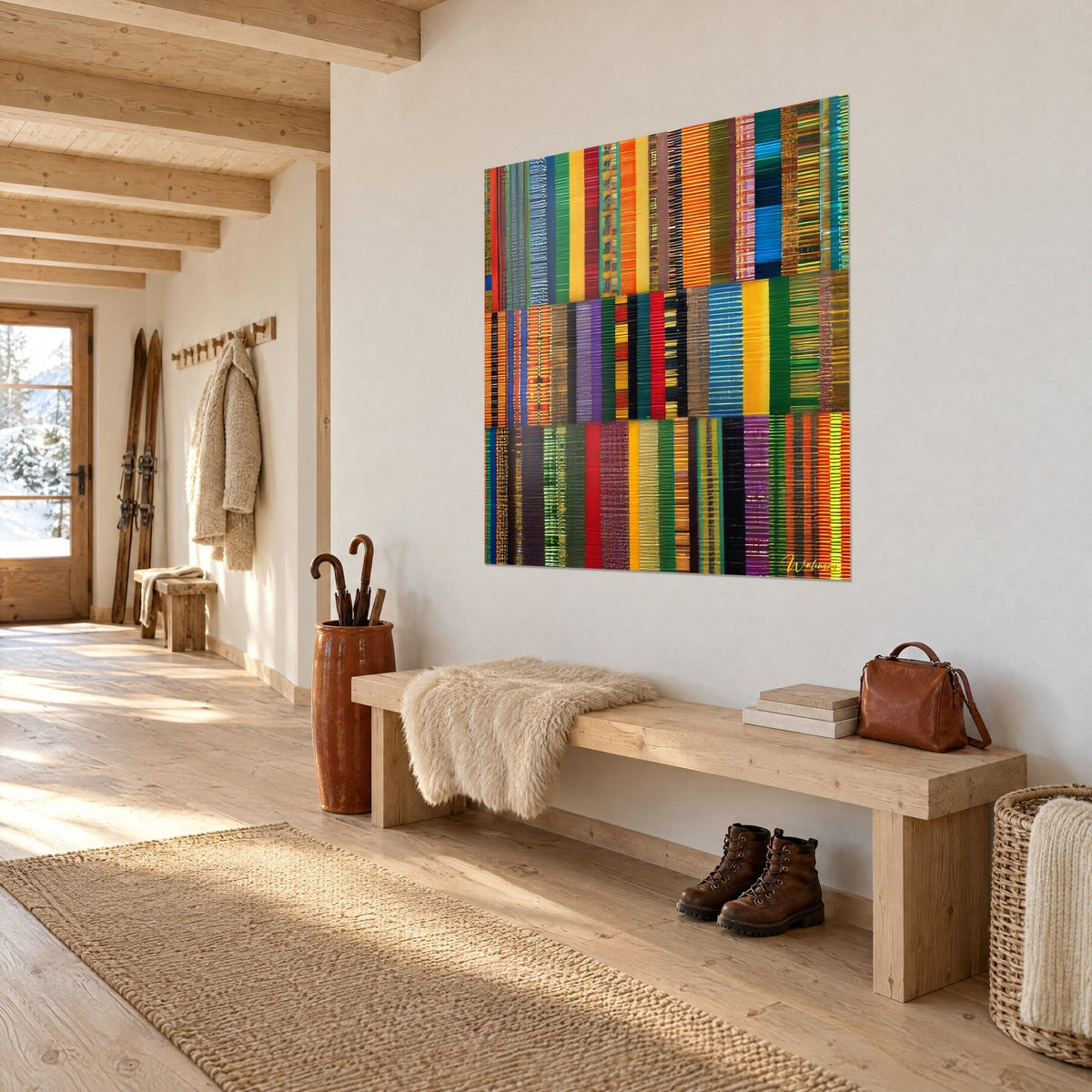 Wall art mosaic of African fabrics with green and orange stripes, woven patterns, white wall of a chalet hallway with bench