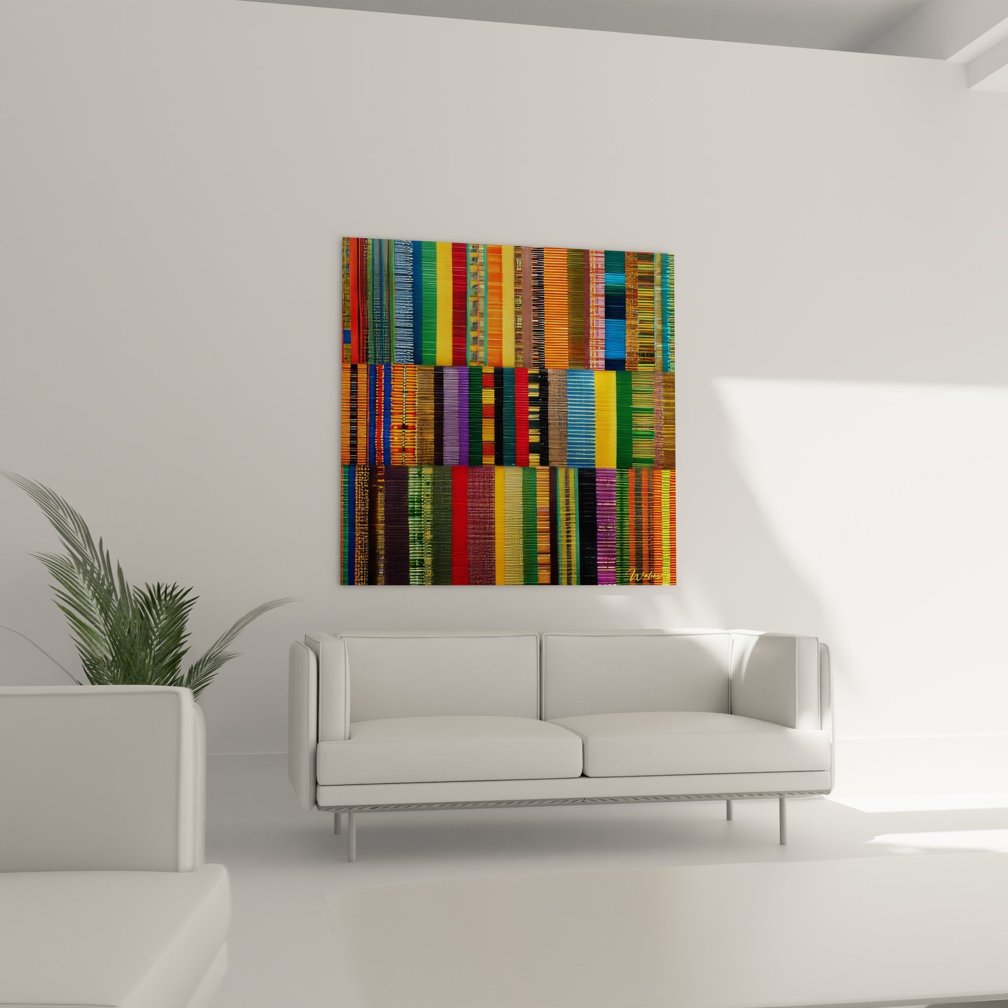 Détail rapproché du tableau patchwork montrant les motifs textiles africains colorés