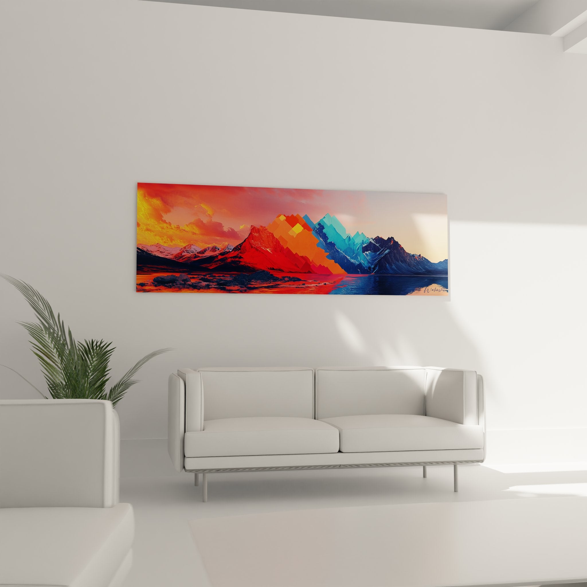 Détail tableau paysage abstrait montagne avec éléments pixelisés et couleurs vibrantes