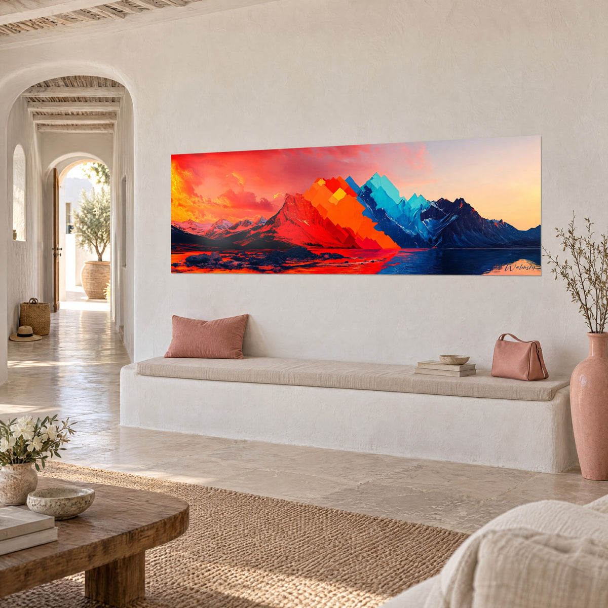 Gemälde Panorama zersplitterter Gipfel in orangefarbenen und türkisen Blöcken unter scharlachrotem Himmel, Steinbank, mediterranes Haus