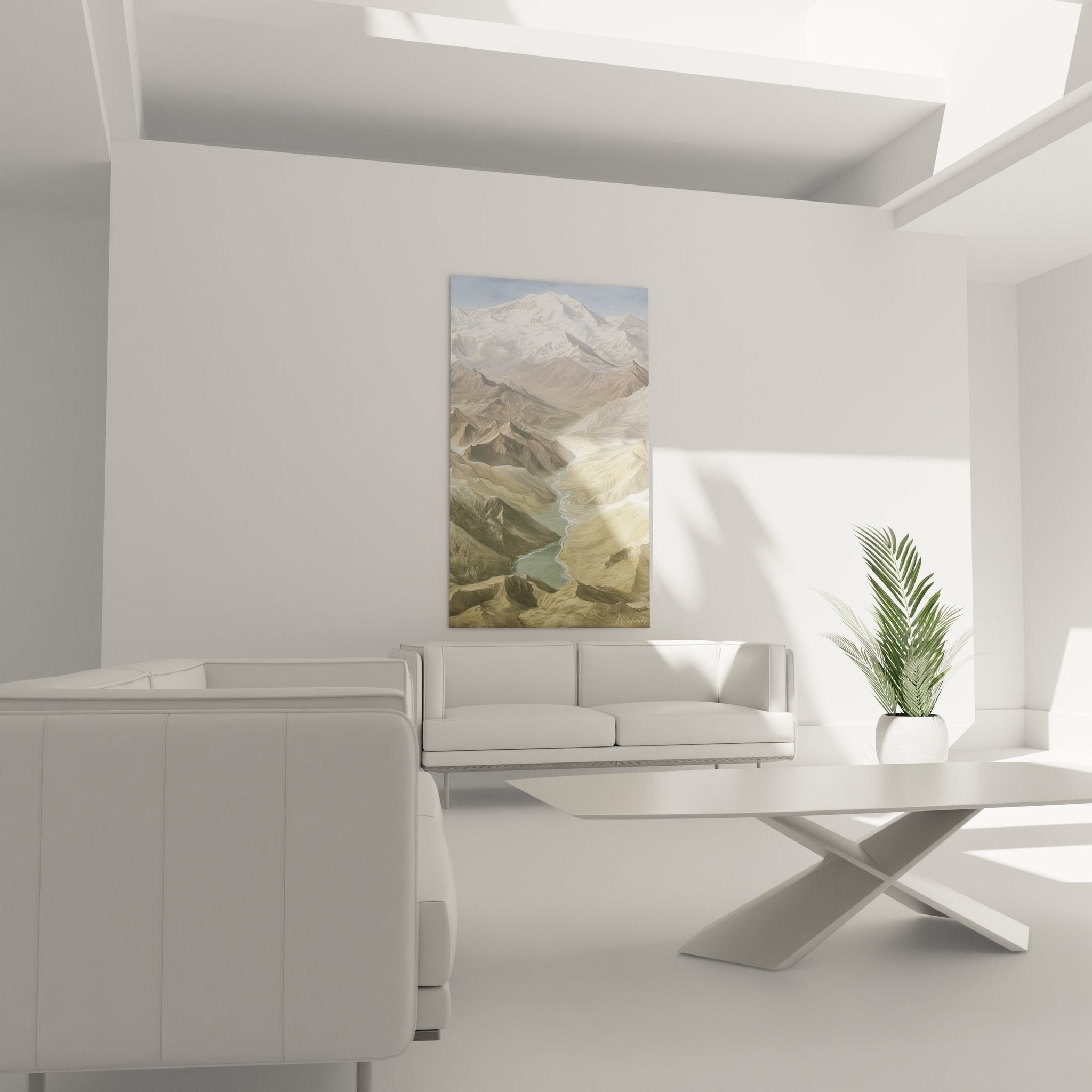 Détail tableau paysage alpin rivière serpentine et formations rocheuses couleurs naturelles