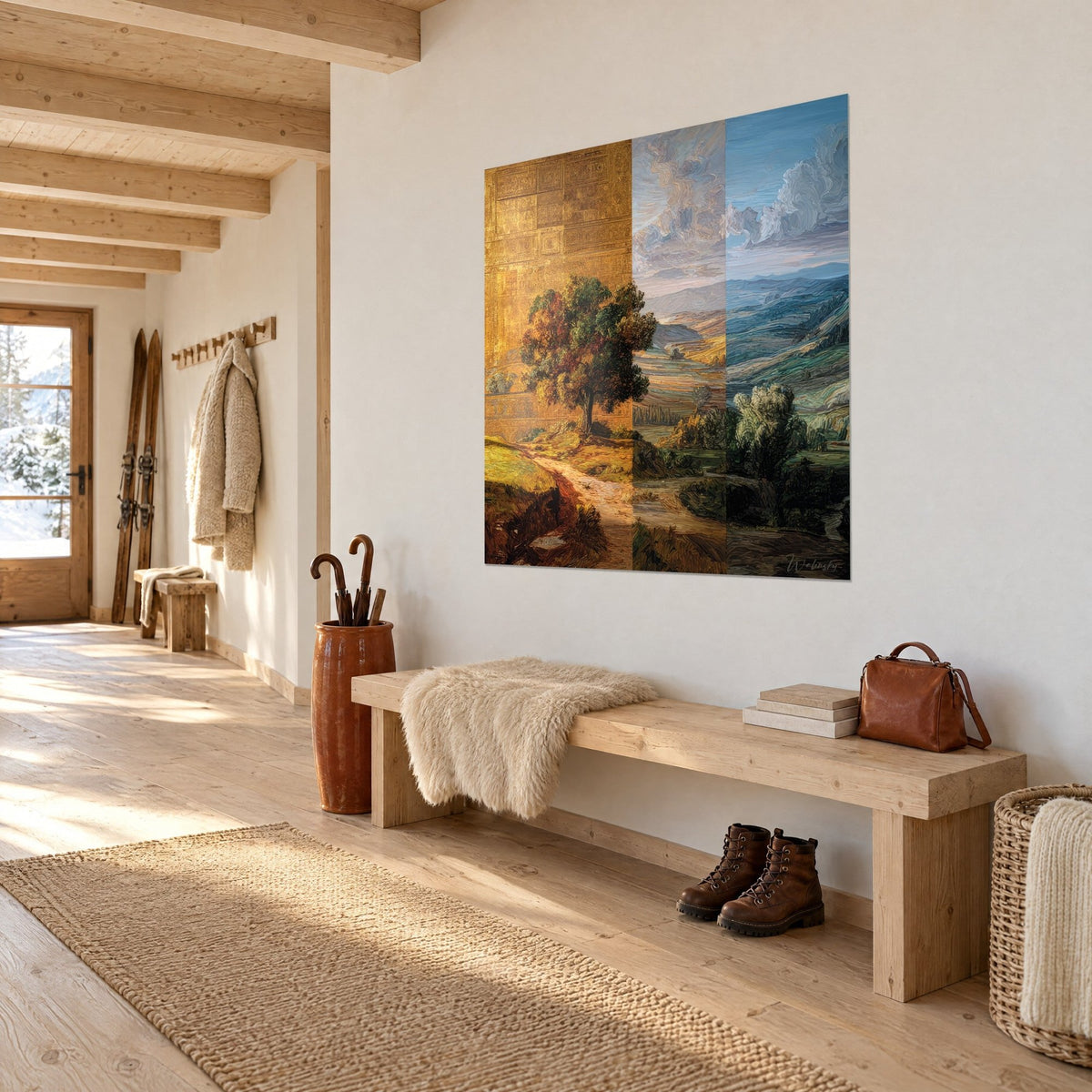 Gemälde Landschaft in drei Streifen, Gold, Lavendel und Blau, ockerfarbener Weg zu einem Baum, an einer weißen Wand im Eingang eines Chalets