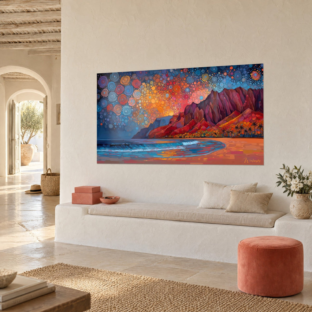 Tableau falaises rouge carmin et crête violette sur plage cuivrée, vague turquoise, banquette blanche, maison méditerranéenne