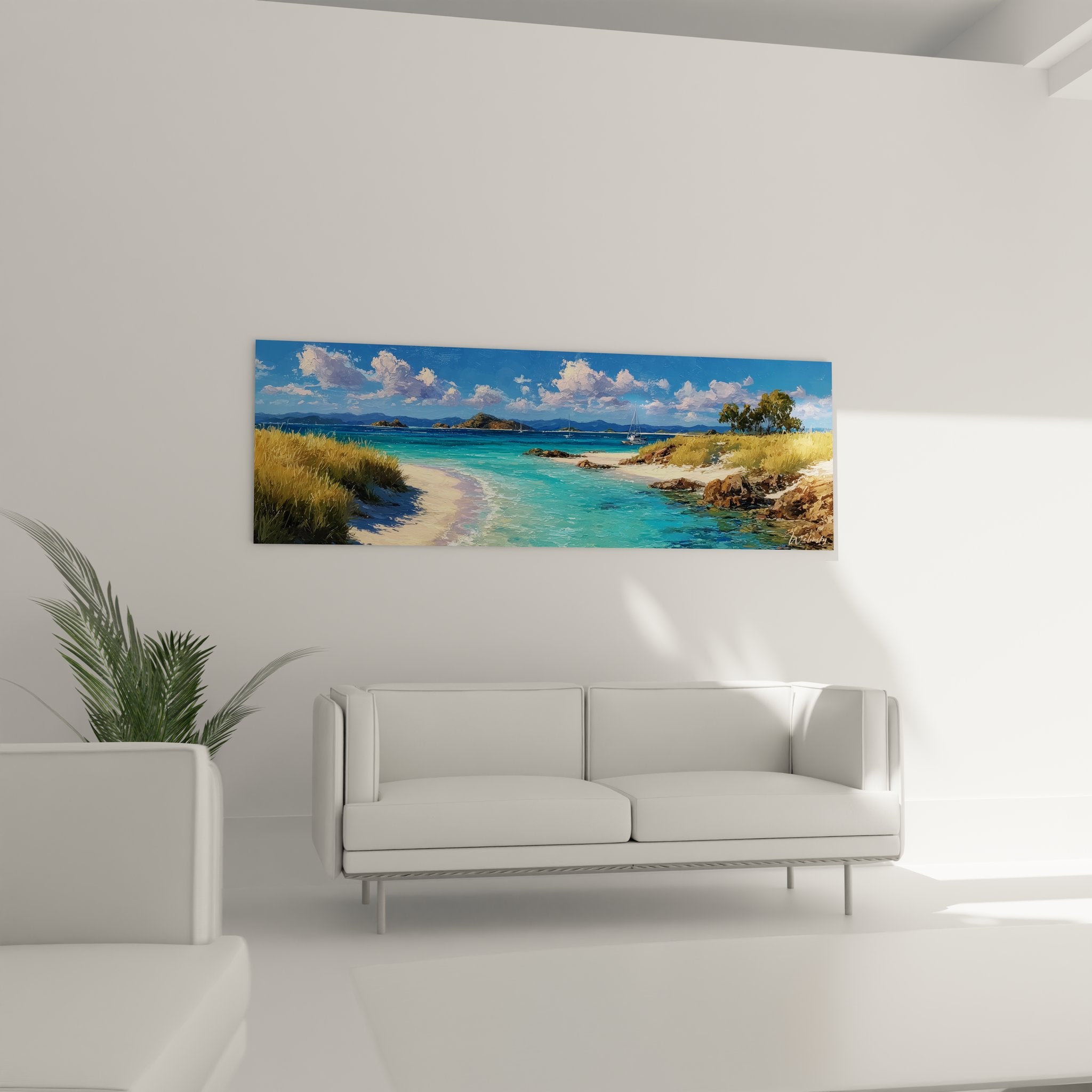 Gros plan détail tableau paysage marin montrant textures végétation dunaire et reflets turquoise océan tropical