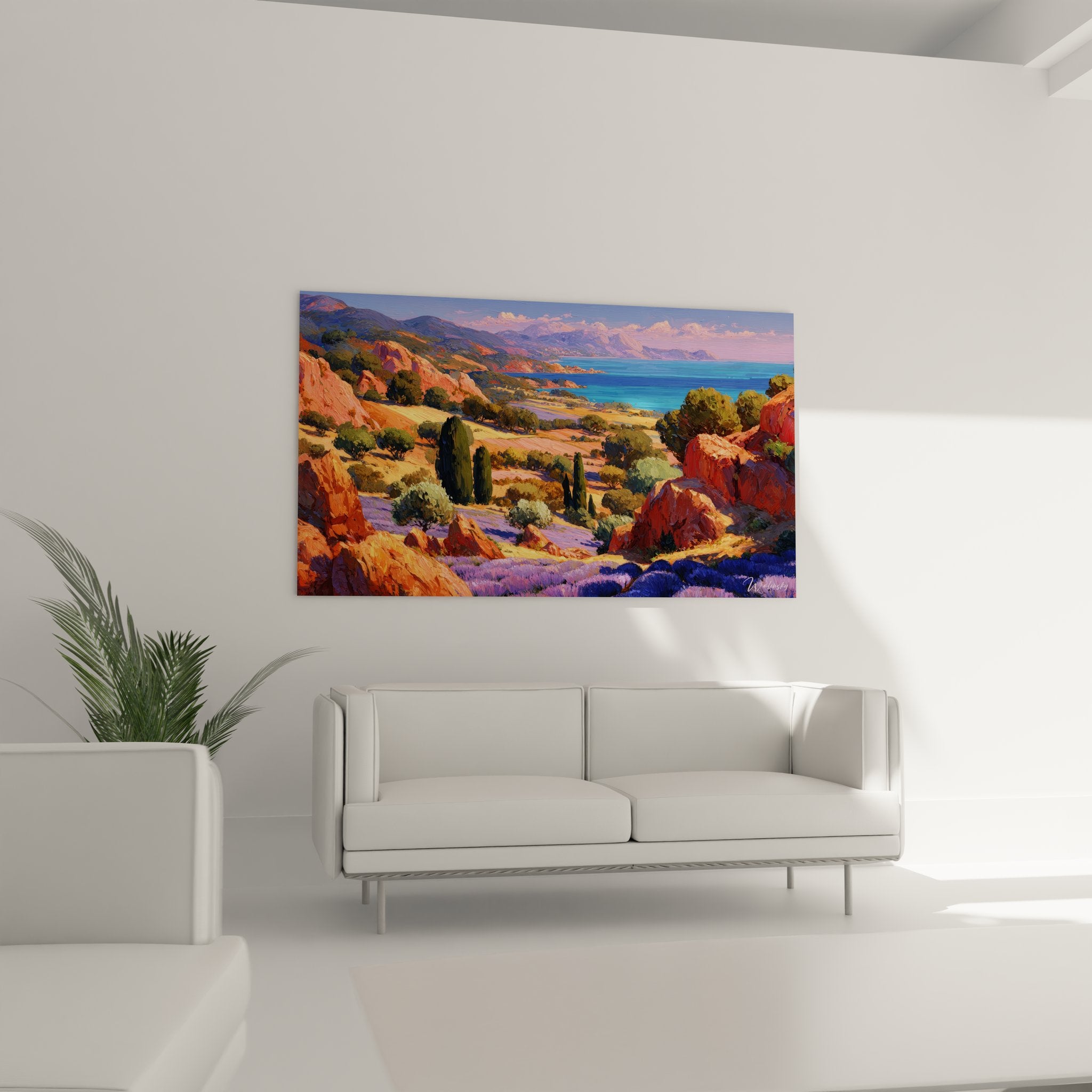 Détail tableau paysage méditerranéen roches roses végétation provençale art mural bord de mer