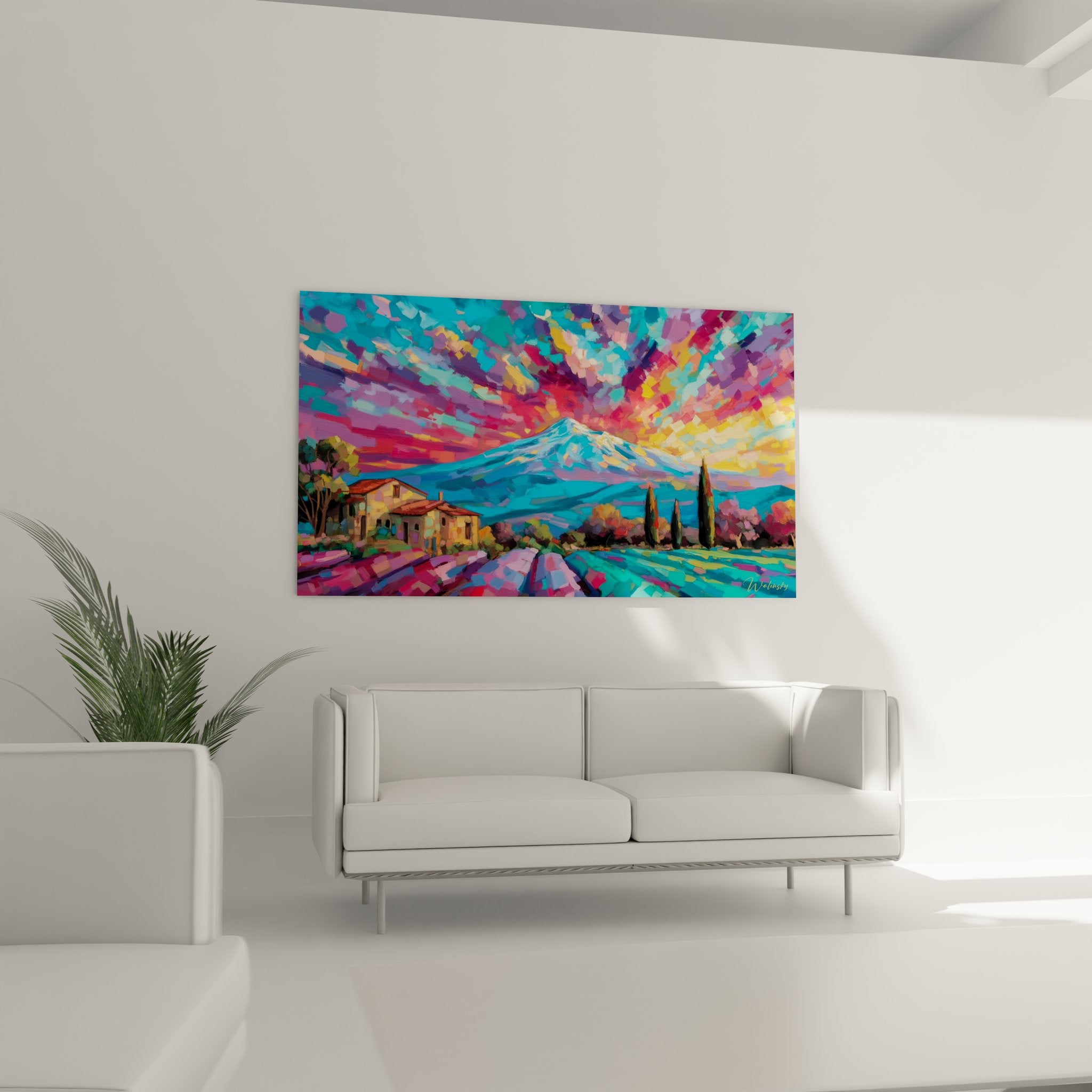 Détail rapproché tableau paysage méditerranéen montrant textures colorées village provençal et cyprès, art abstrait