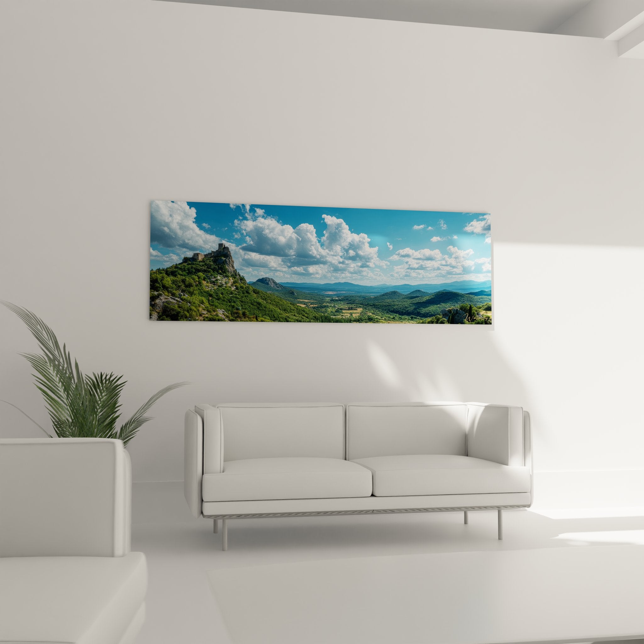 Détail tableau paysage montagnard château fort vallée verdoyante