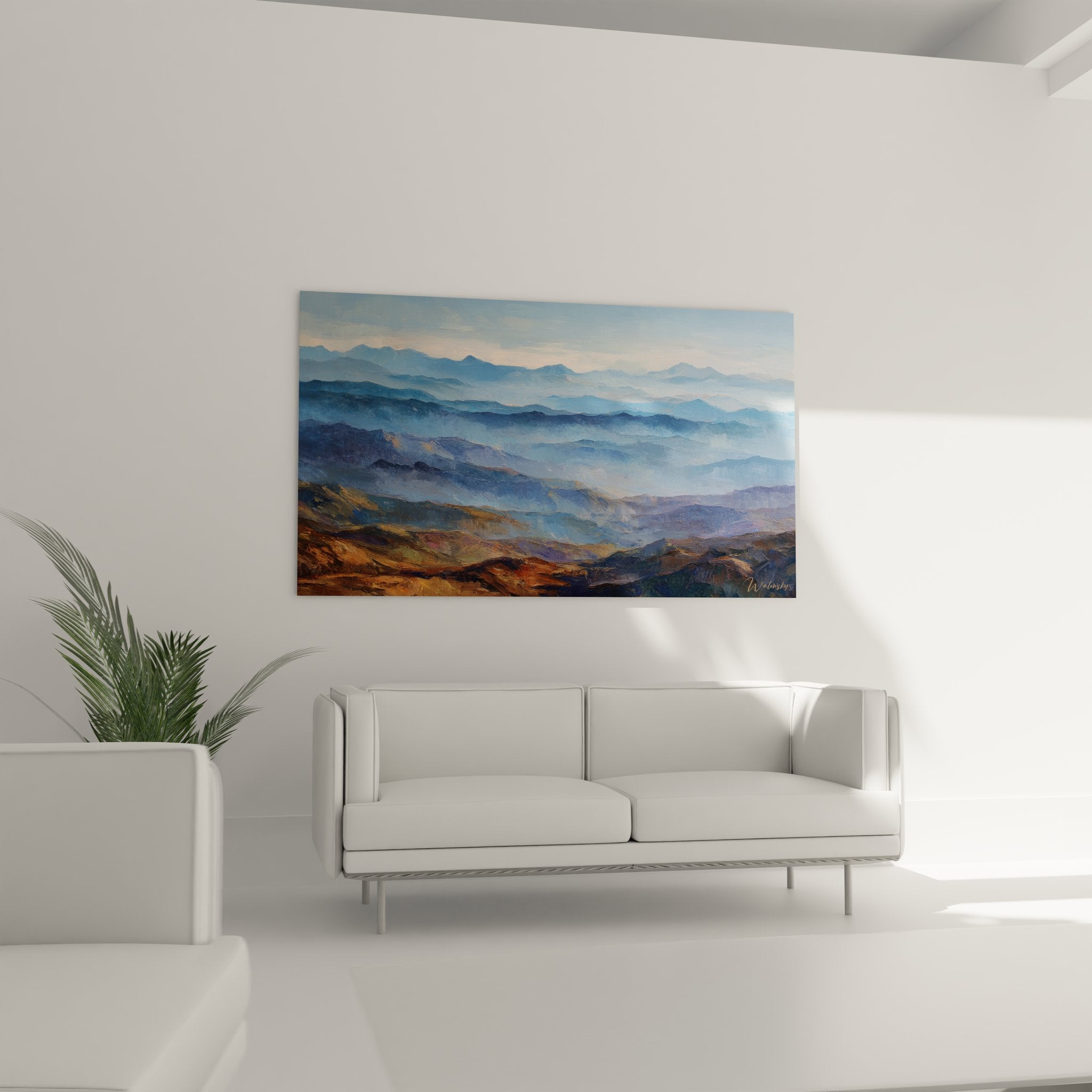 Détail tableau paysage montagnard, texture et nuances de couleurs bleues et ocres en gros plan